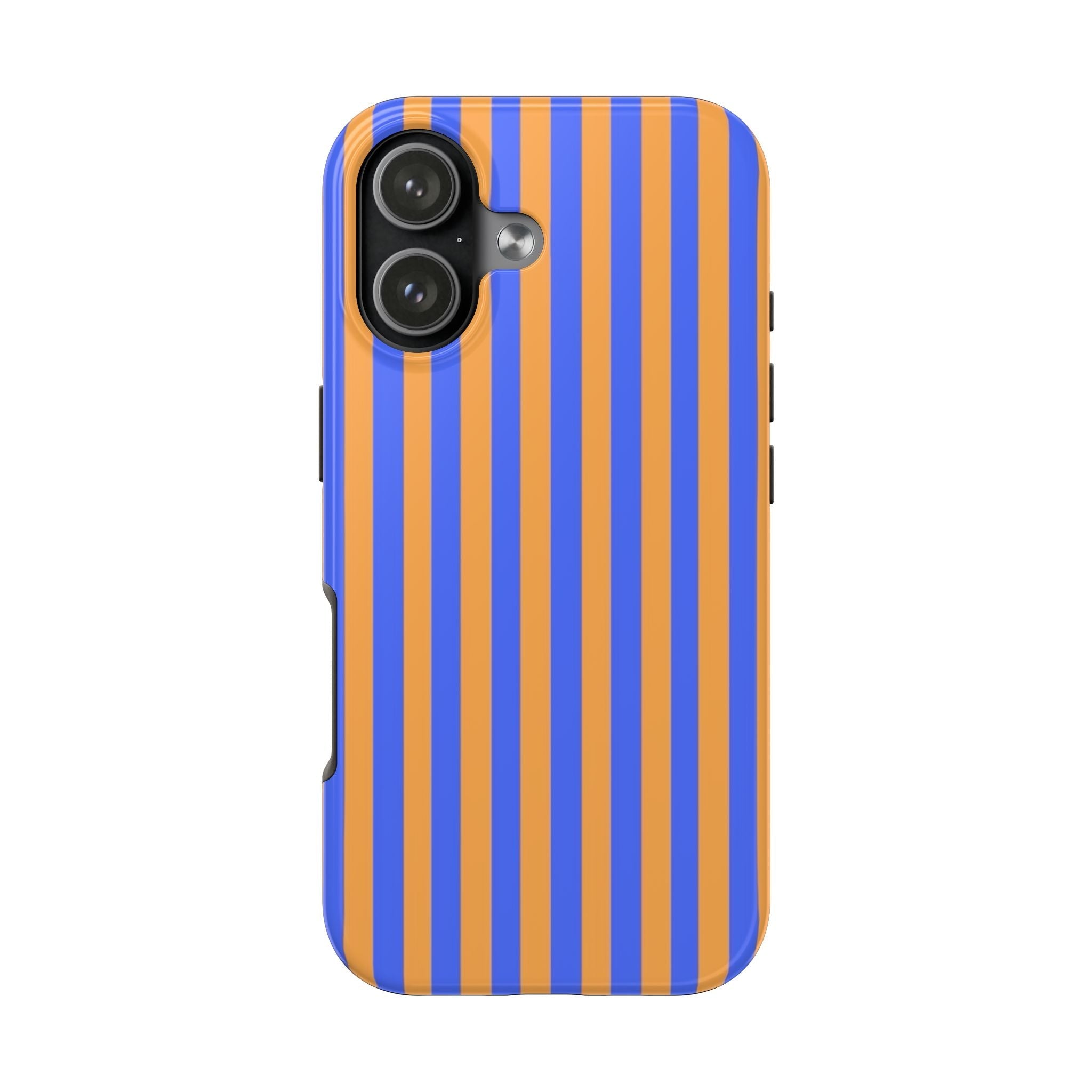 Blue and orange striped phone case, back view with dual camera cutouts and flash