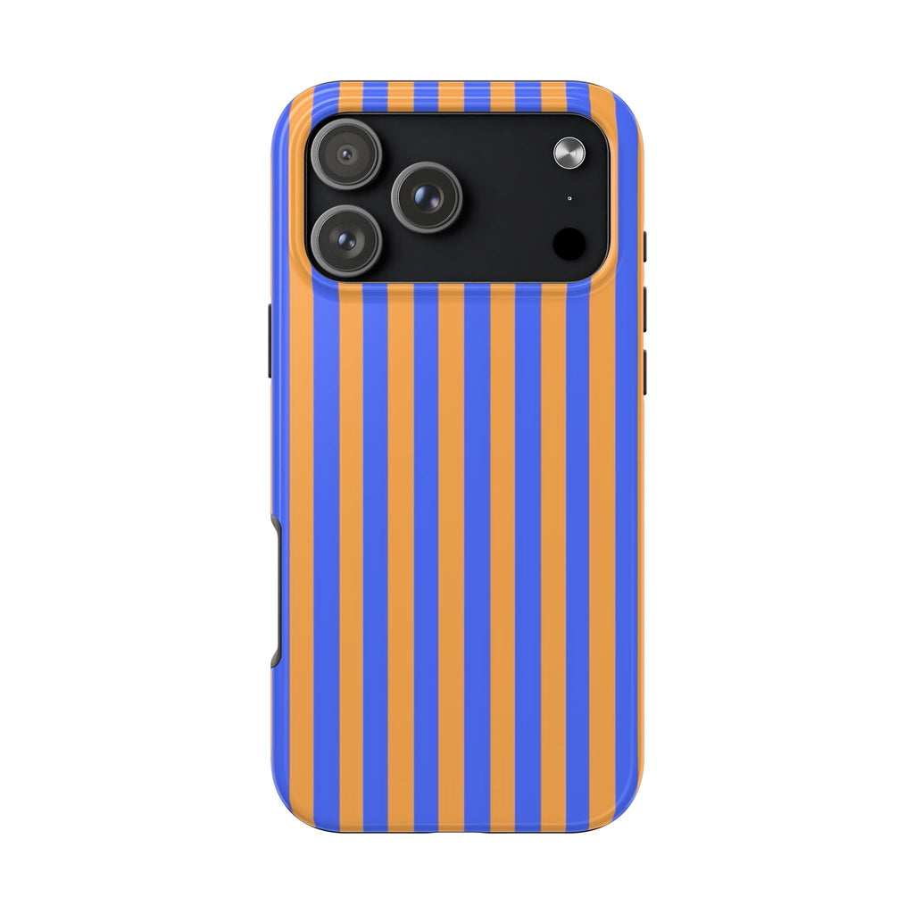 Blue and orange vertical striped phone case with camera cutout and side buttons