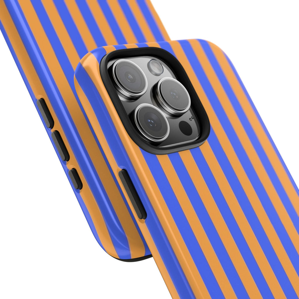 Blue and orange striped phone case close-up with camera lens cutout and raised edges