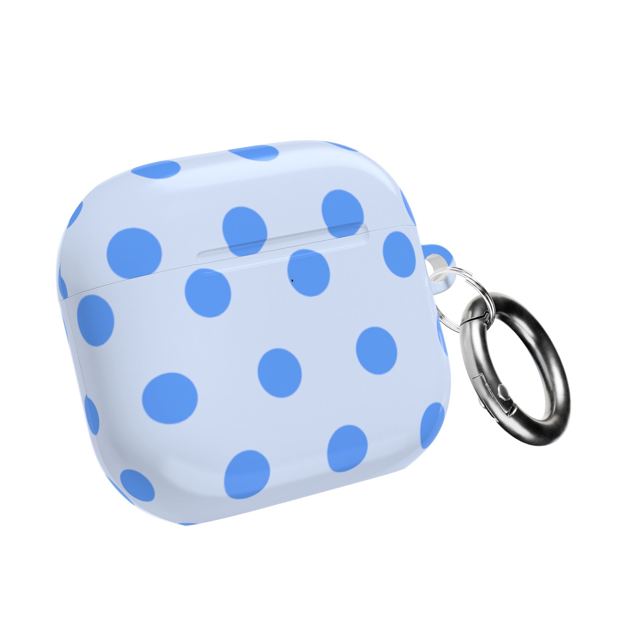 Light blue polka dot AirPods case with keyring, closed shell