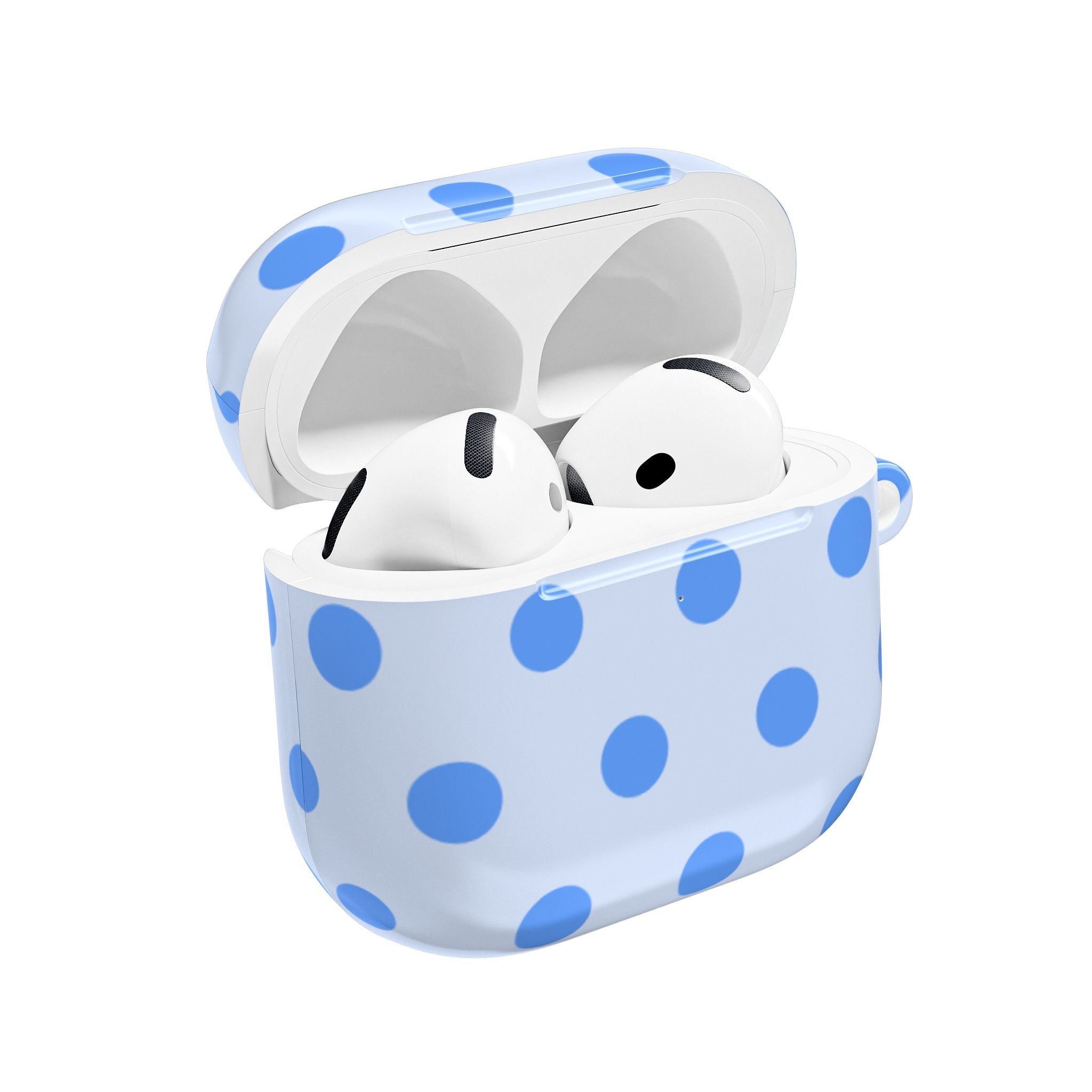 Light blue AirPods case with blue polka dots, open to show earbuds