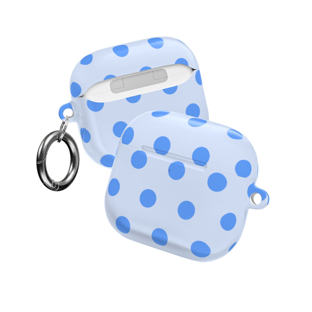 Light blue polka dot AirPods case with strap rings and hinge tab