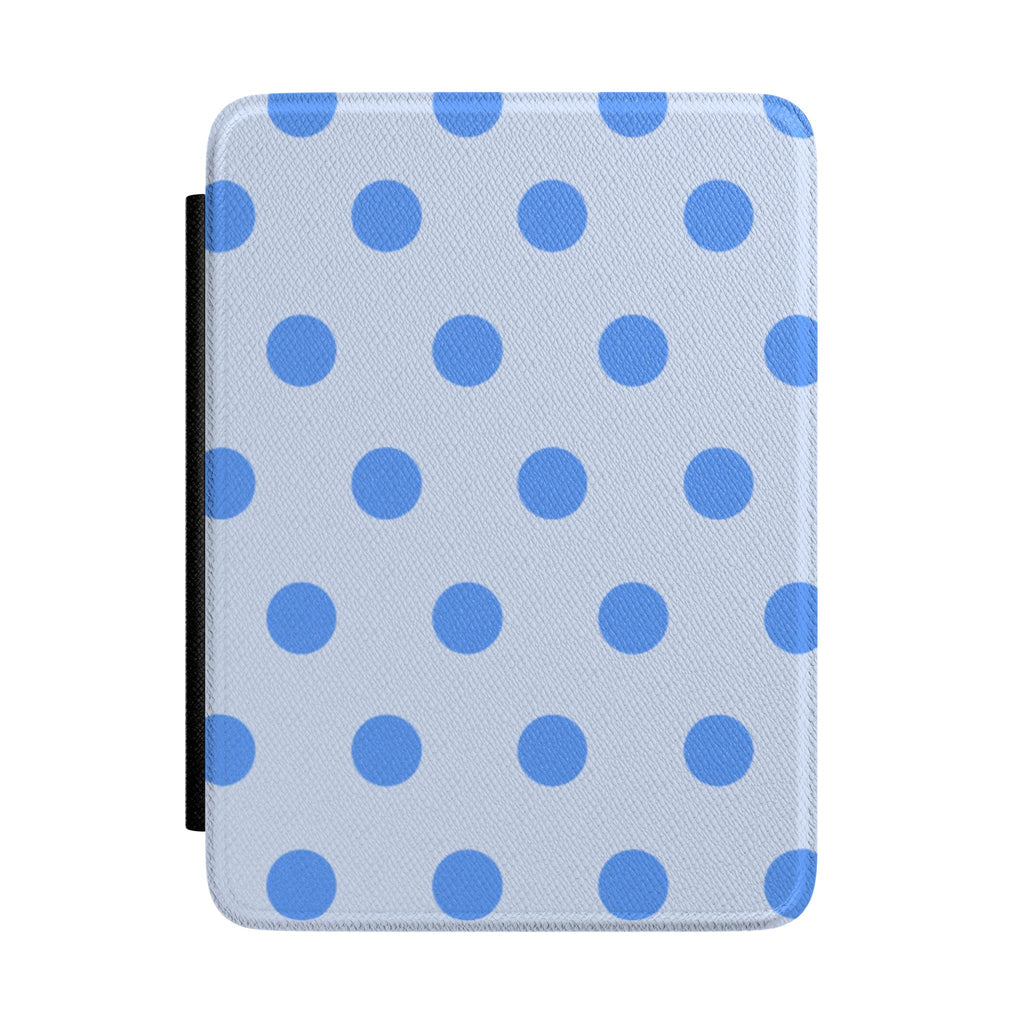 Light blue hardcover Kindle case with blue polka dots and rounded edges