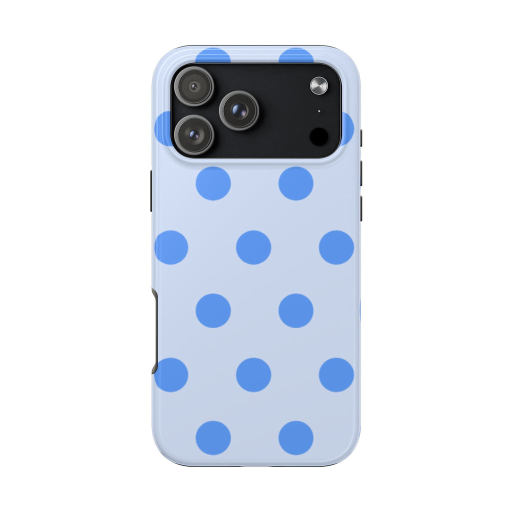 Light blue polka dot phone case with camera cutout and raised edges