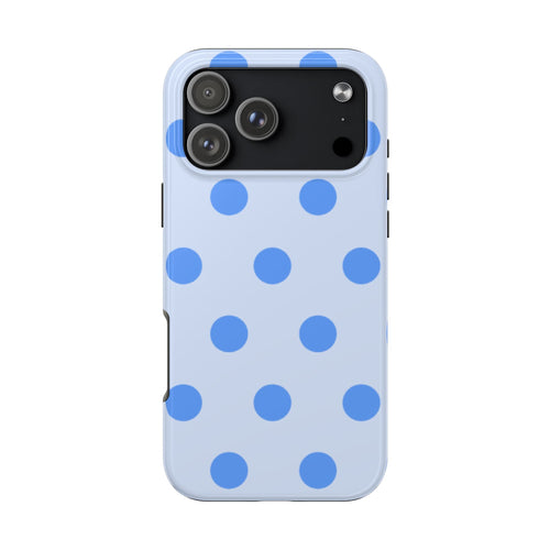 Light blue polka dot phone case with camera cutout and raised edges