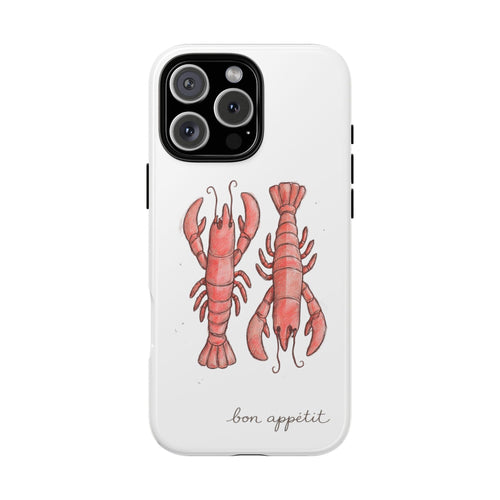White phone case with two red lobsters, “bon appetit” text, and black camera cutout