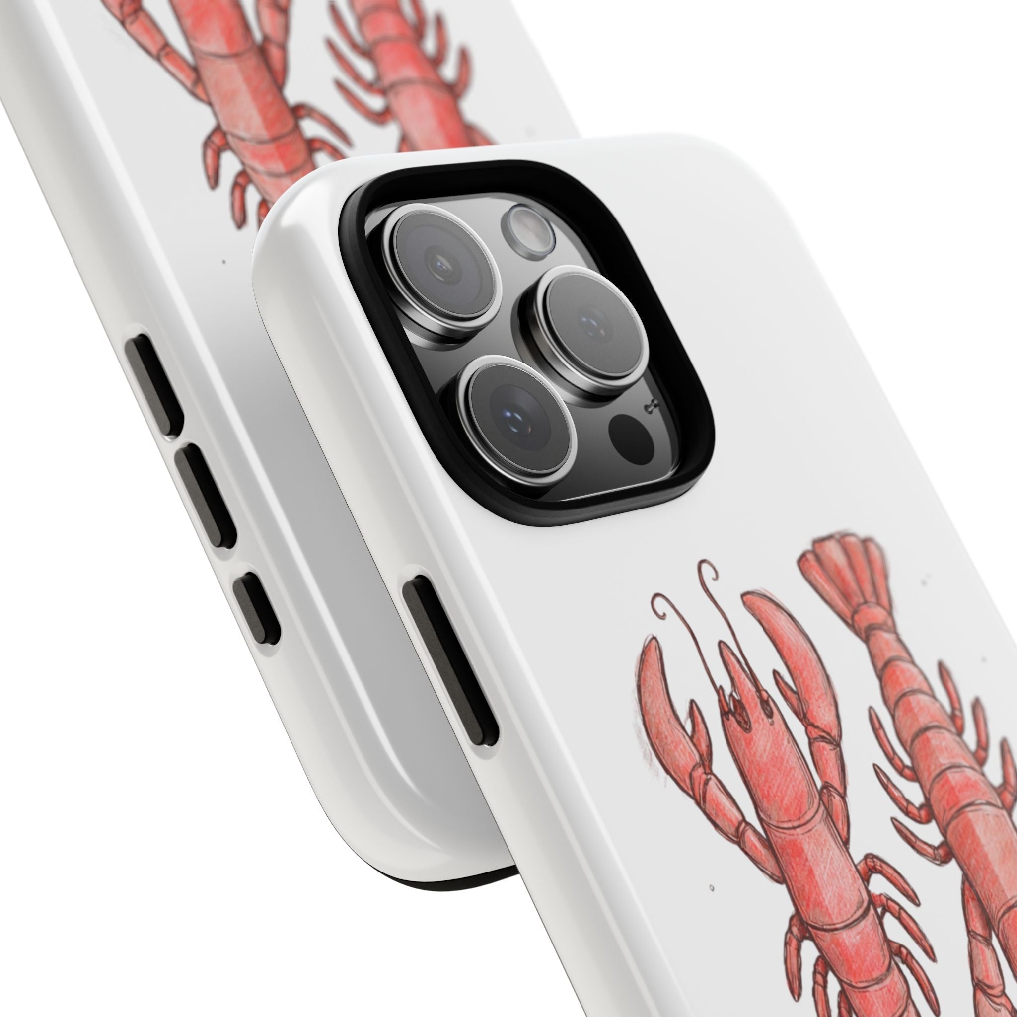 Angled white phone case with red lobster artwork and raised black camera frame
