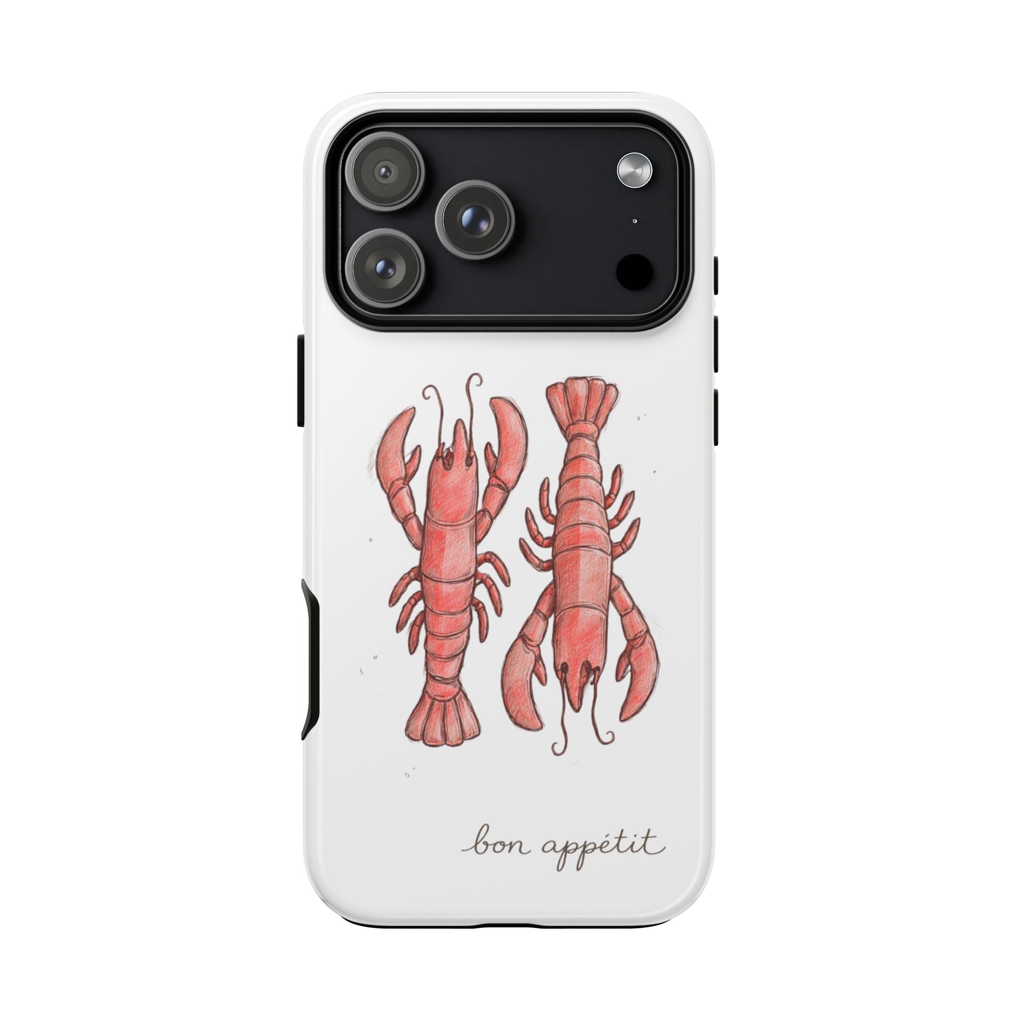 White phone case with red lobster illustration and “bon appetit” text