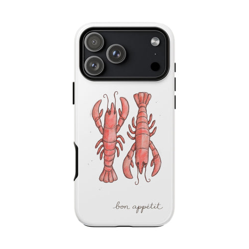 White phone case with red lobster illustration and “bon appetit” text