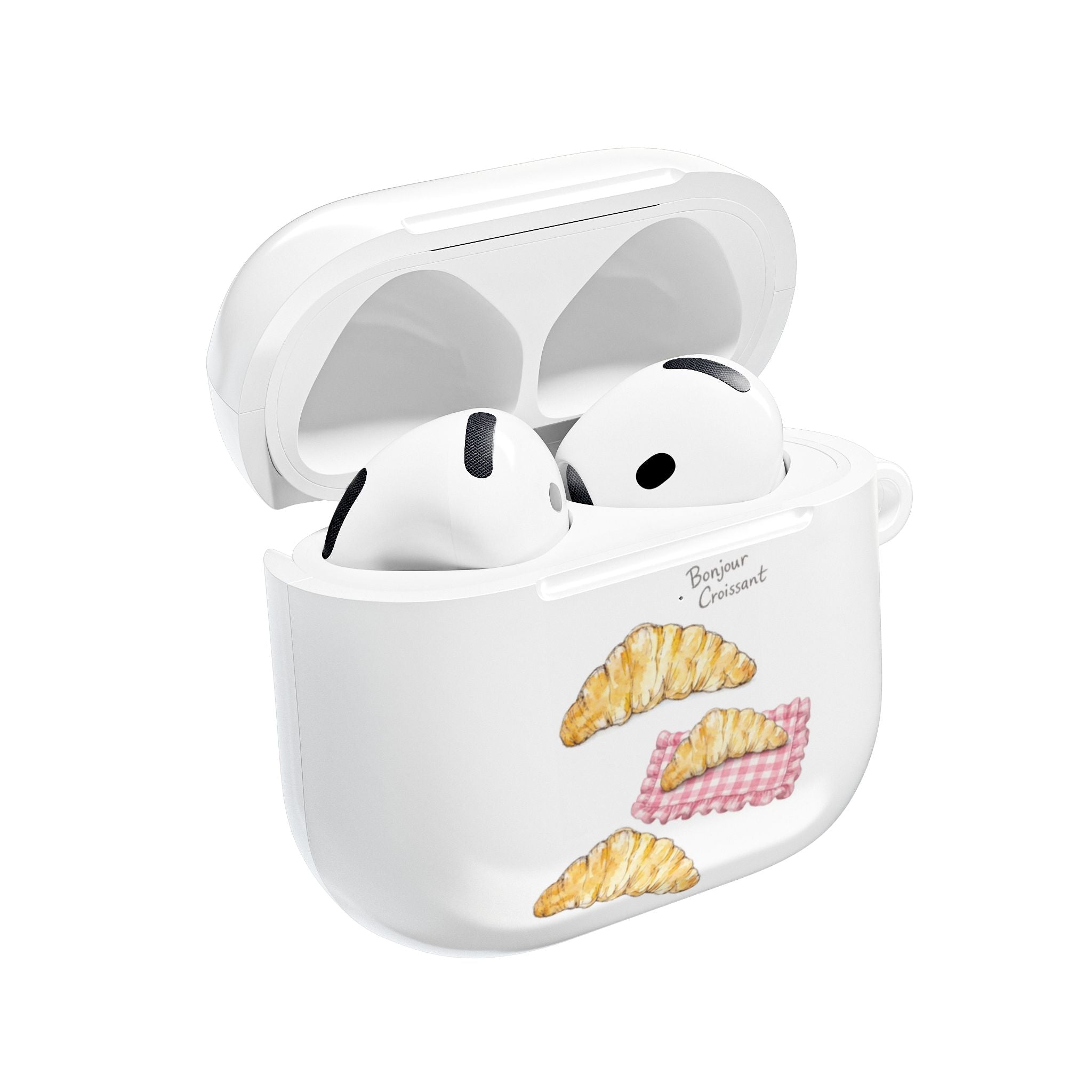 White Bonjour Croissant AirPods case with croissant and pink checker graphic, open lid