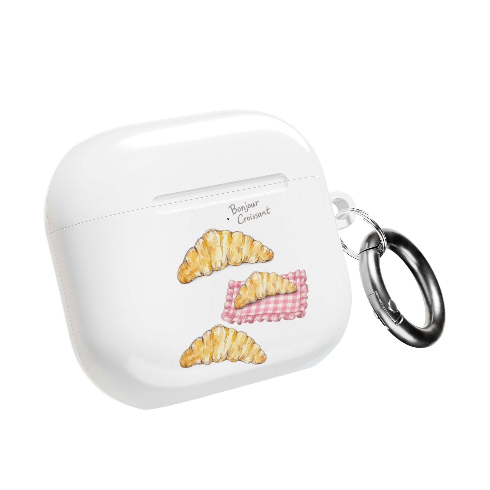 White AirPods case with croissant and pink checker graphic and metal keyring loop
