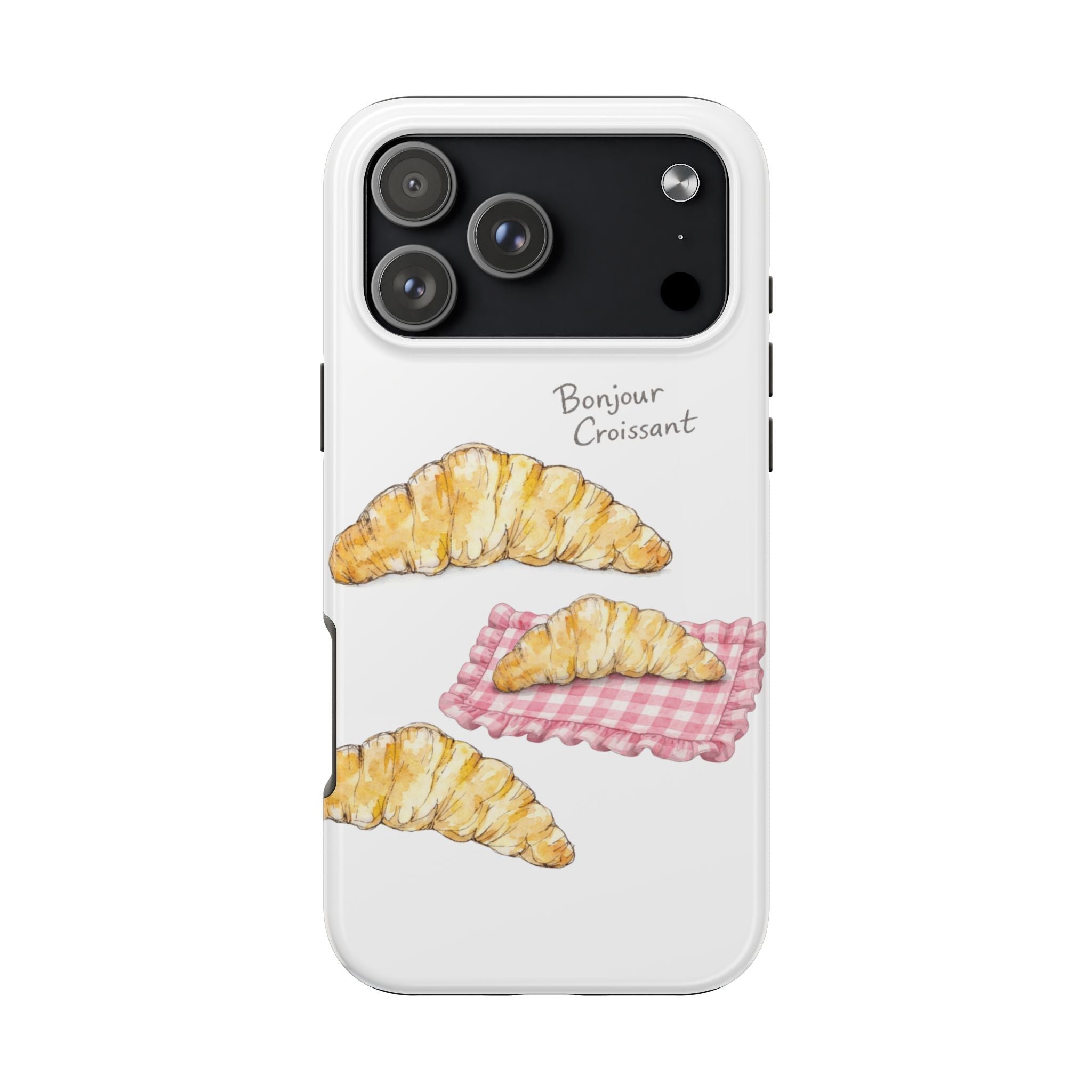 White phone case with croissant illustrations and “Bonjour Croissant” text