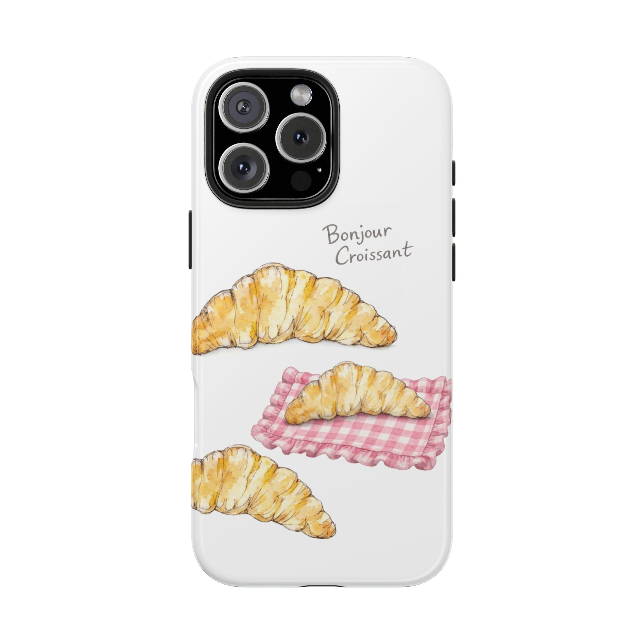 White phone case featuring croissant print with “Bonjour Croissant” lettering
