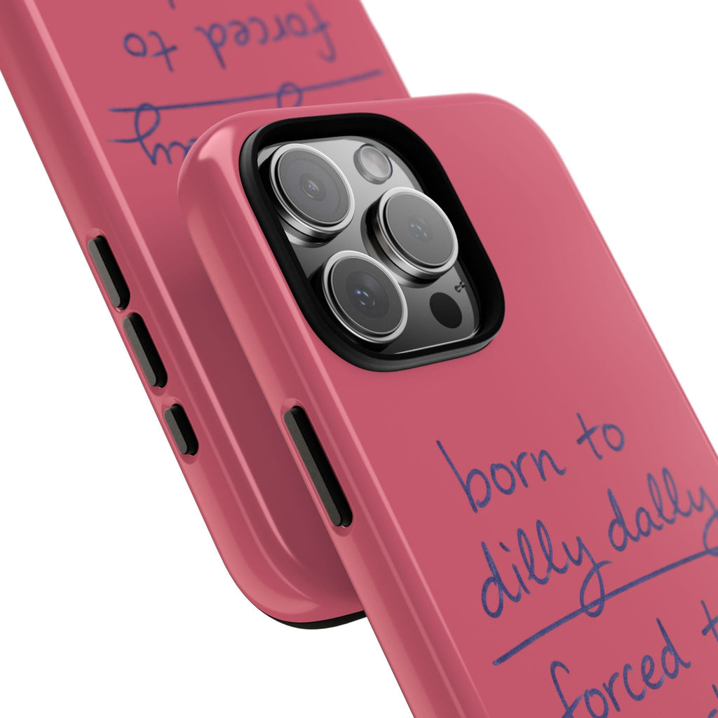 Pink phone case angled view with blue cursive text and camera cutout on back