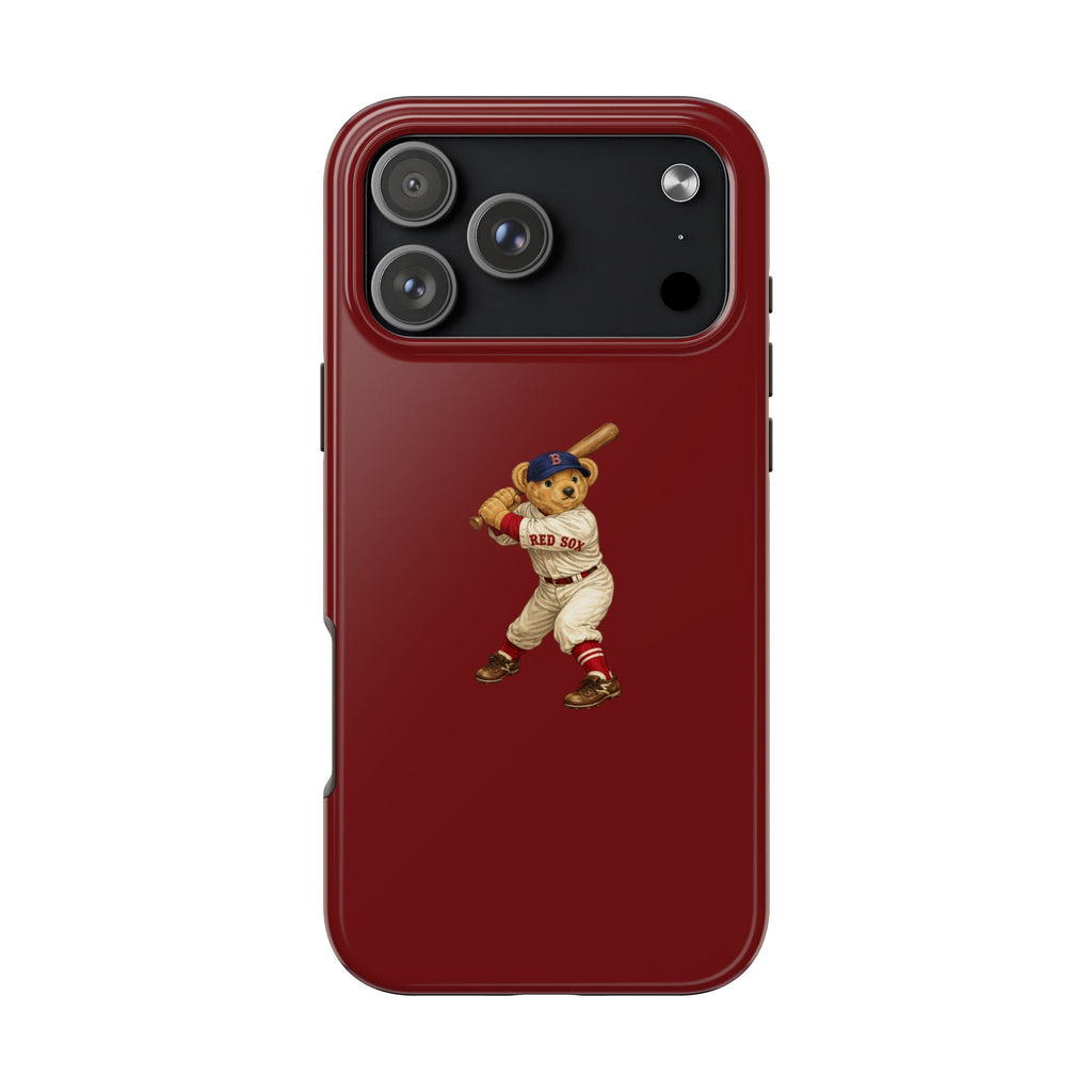 Boston Red Sox teddy bear baseball polo graphic on dark red phone case, front view