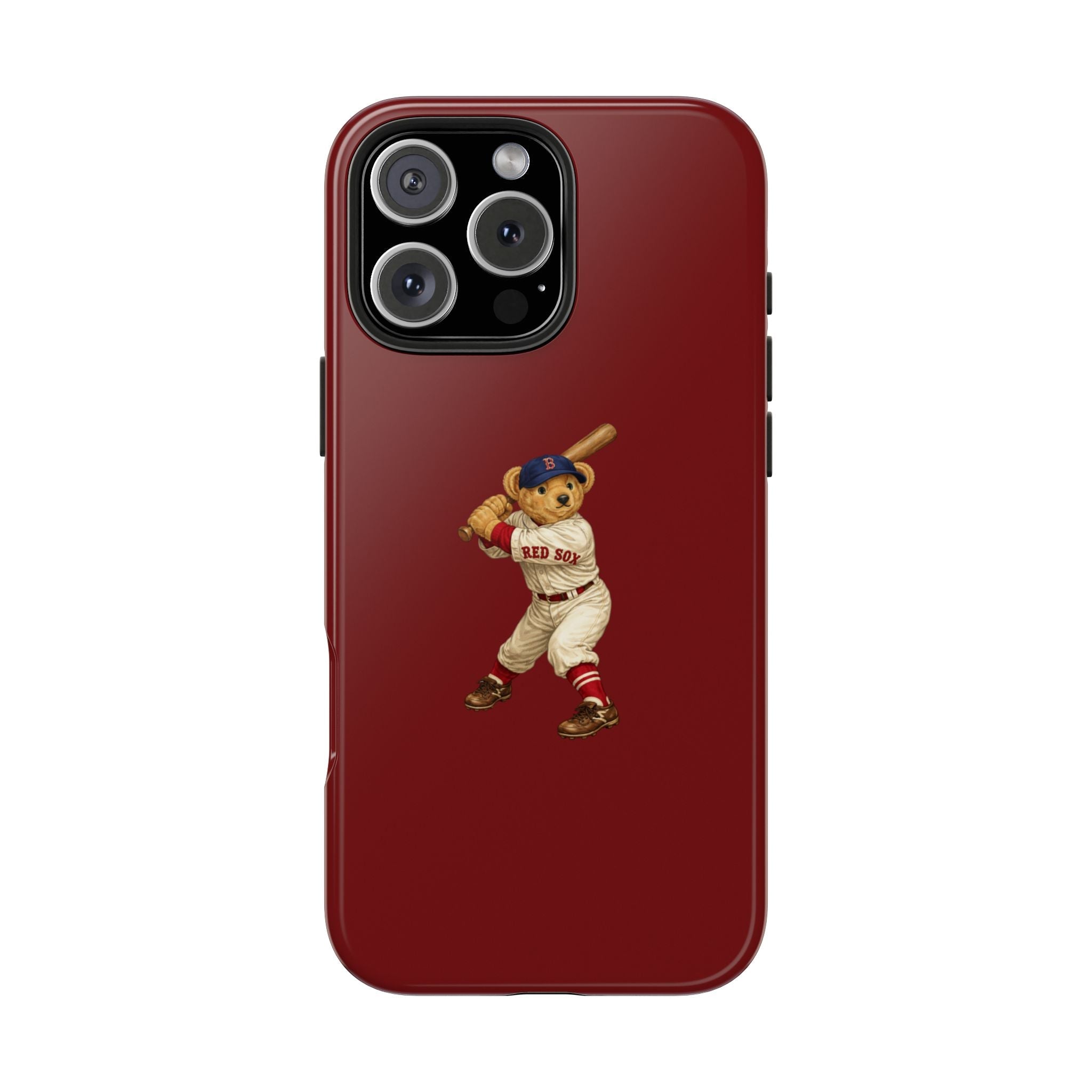 Dark red phone case with teddy bear baseball player graphic and camera cutout