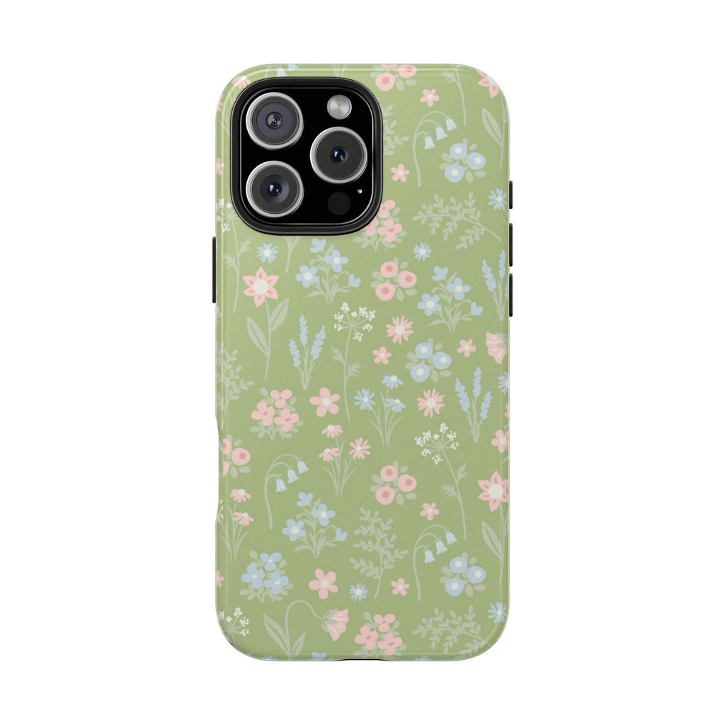 Green floral phone case with scattered pastel blossoms and protective camera area