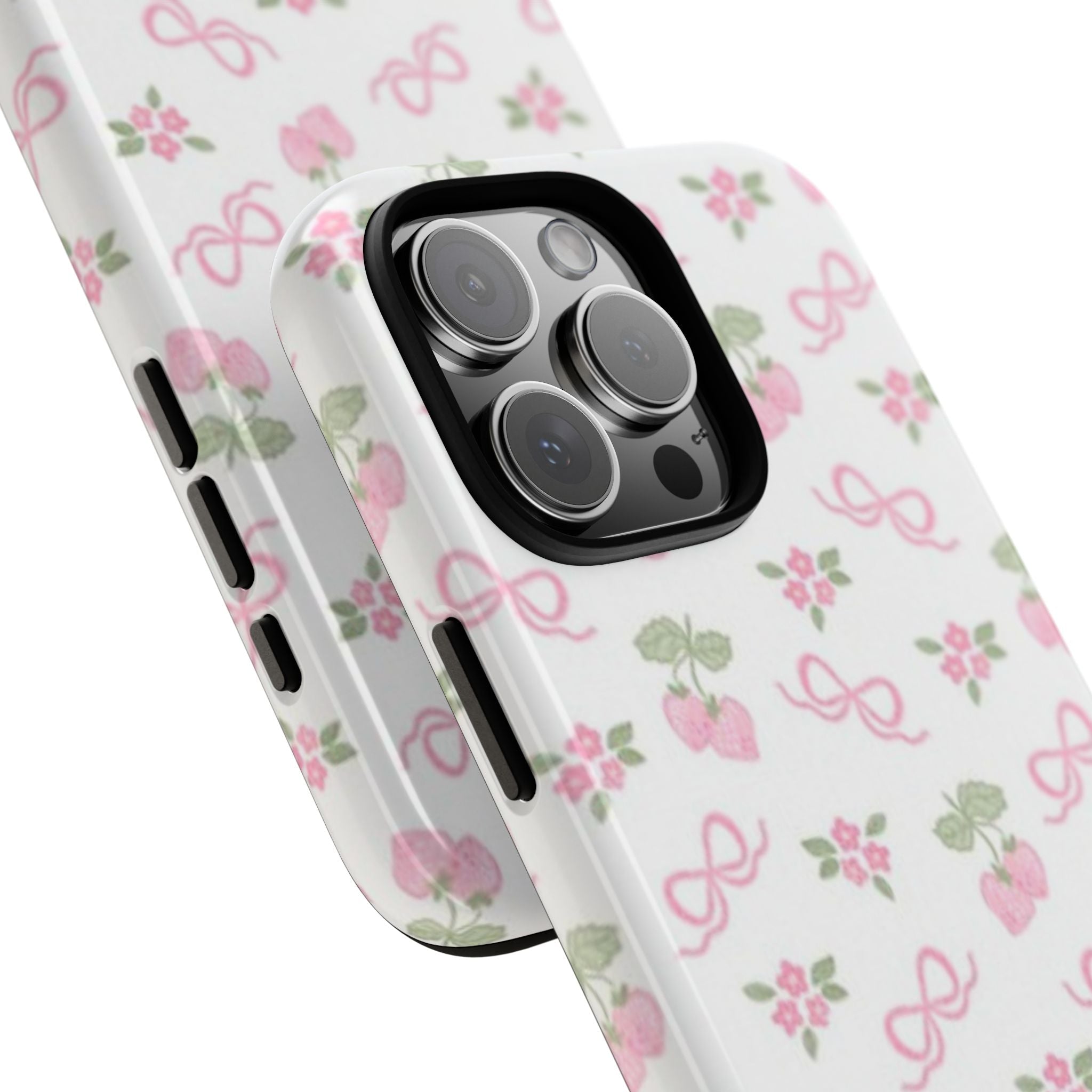 Slim phone case showing camera lens cutout and bow-and-berry floral design