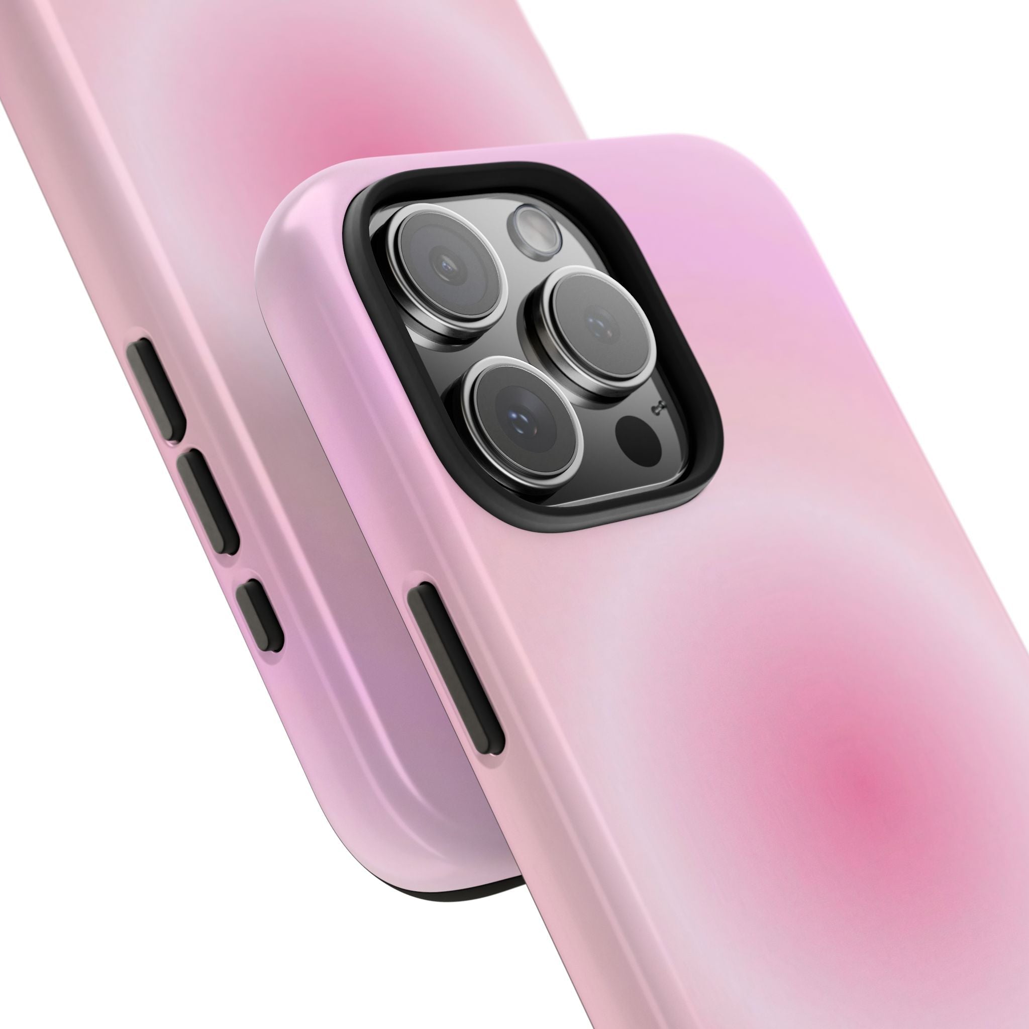 Pink aura phone case angled view, side buttons and camera cutout with raised lens frame