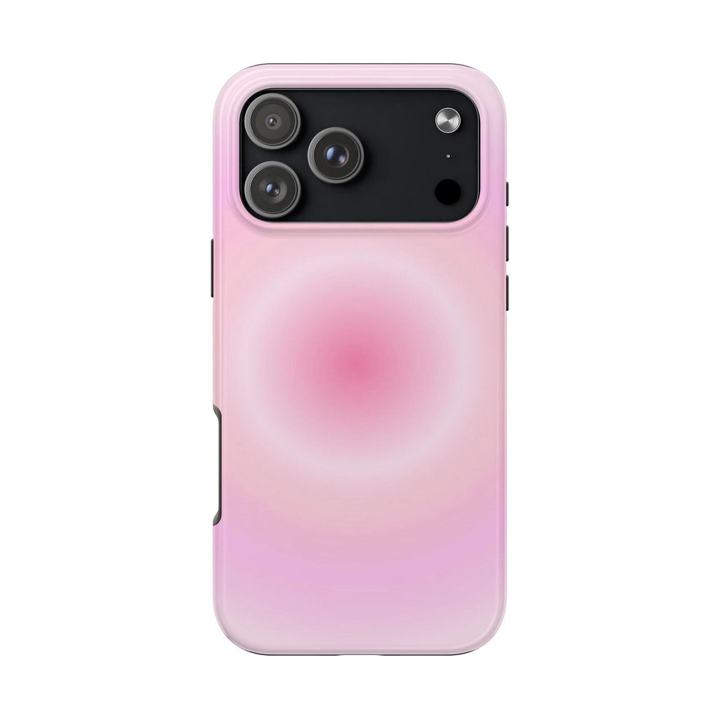 Bright pink aura phone case with mirrored ring gradient, cutouts for camera and ports