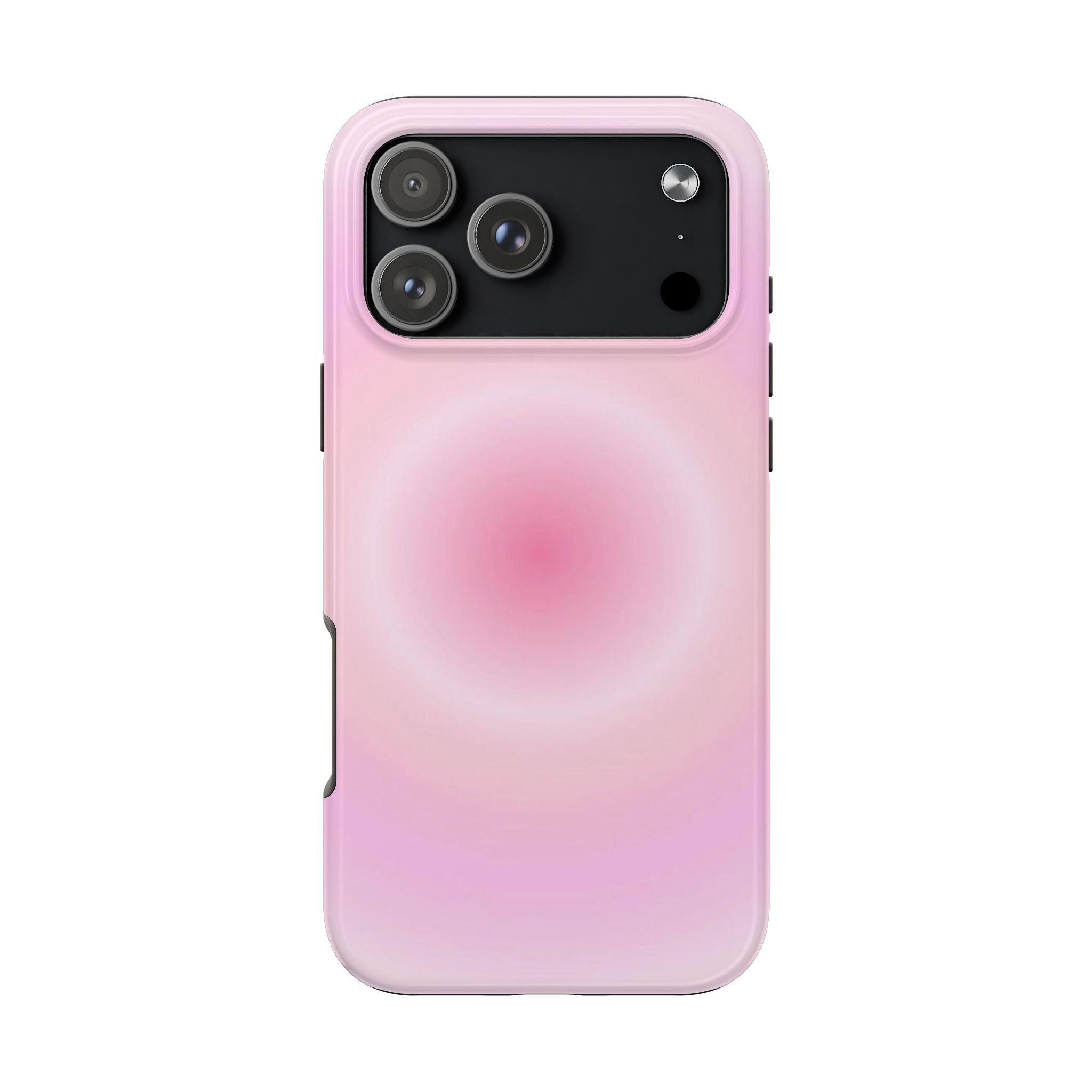 Bright pink aura phone case with mirrored ring gradient, cutouts for camera and ports