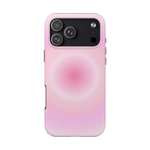Bright pink aura phone case with mirrored ring gradient, cutouts for camera and ports