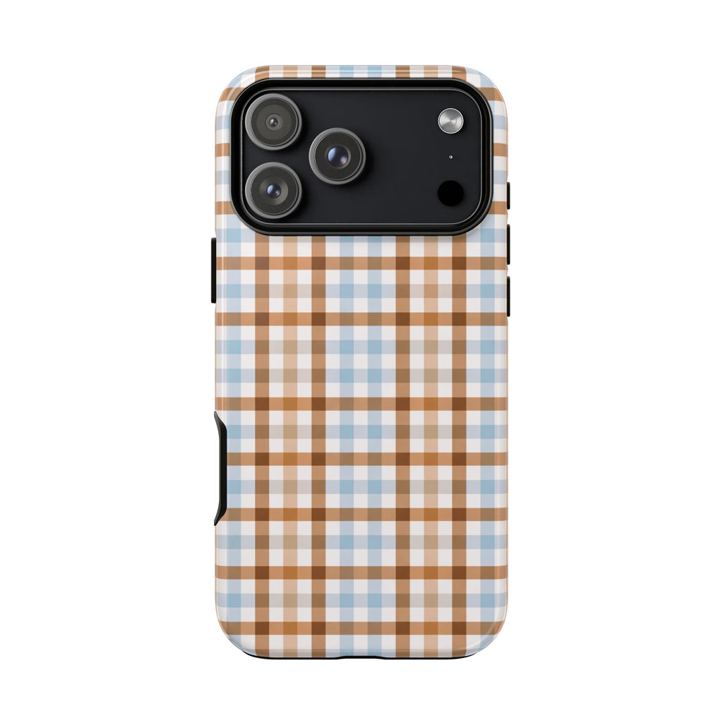 Brown & blue gingham phone case, back view showing camera bump cutouts