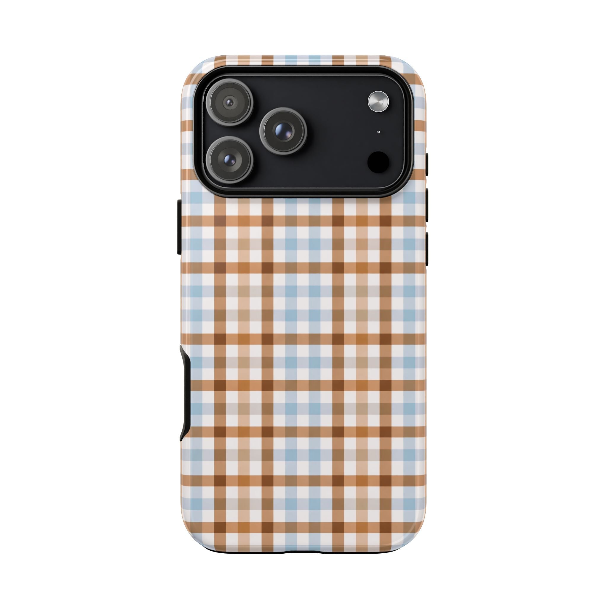 Brown & blue gingham phone case, back view showing camera bump cutouts