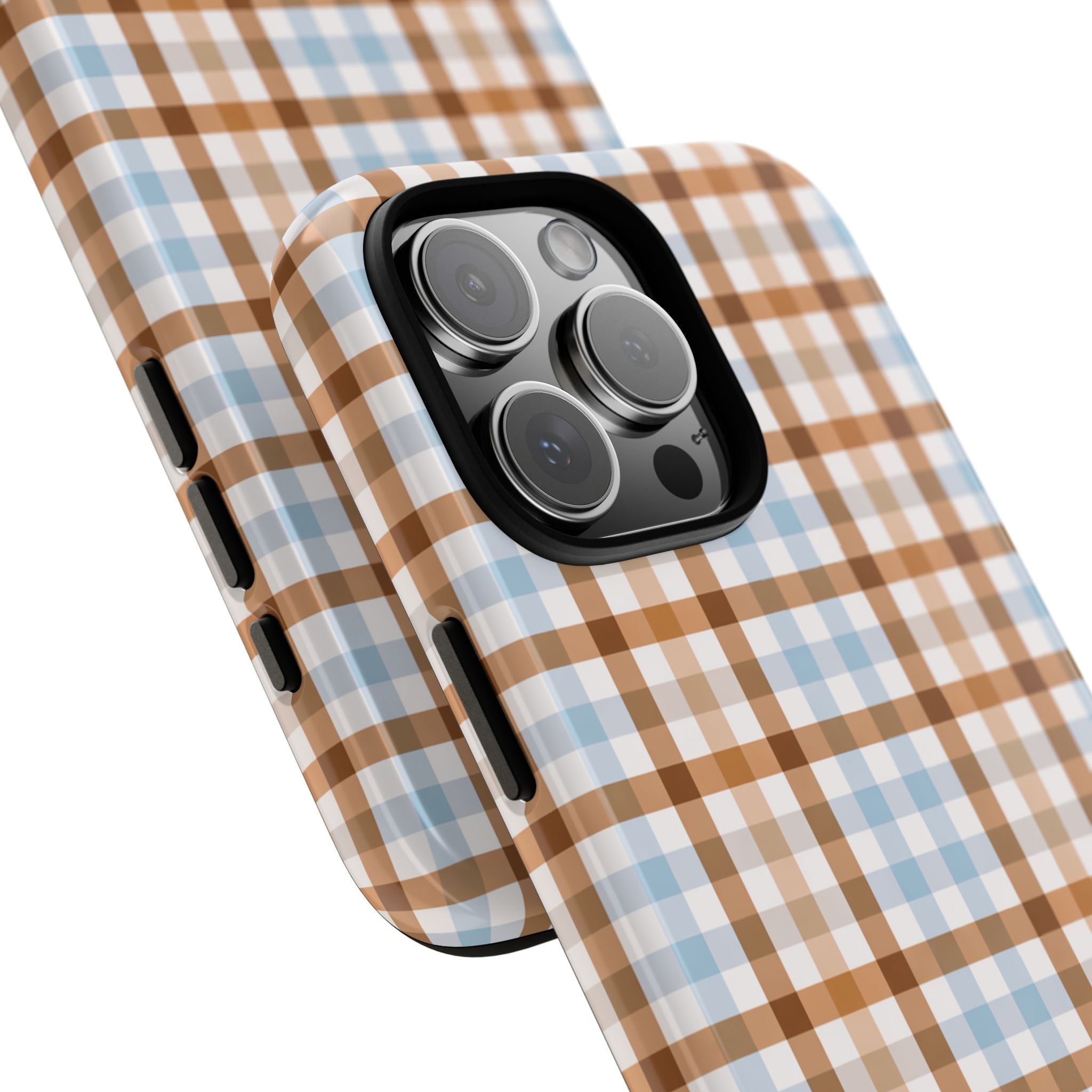 Brown & blue gingham phone case, angled view highlighting side button cutouts
