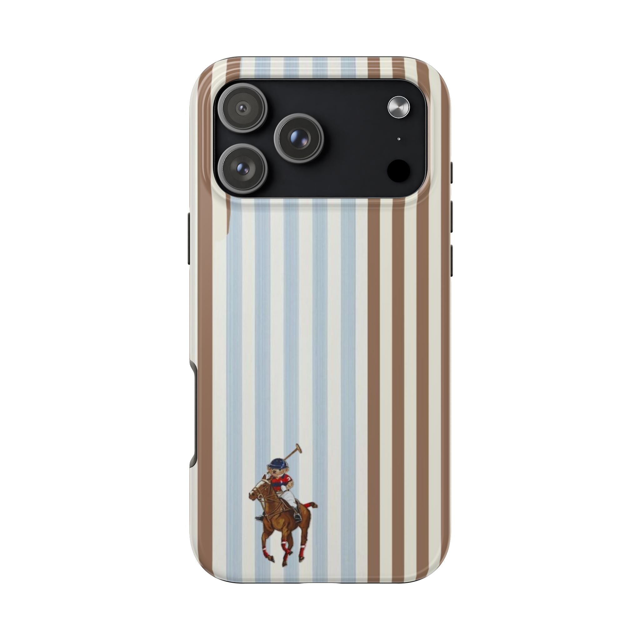 Brown/blue vertical striped phone case with horse rider graphic; camera cutout