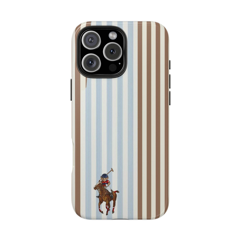 Brown/blue vertical striped phone case with horse rider graphic; back camera module