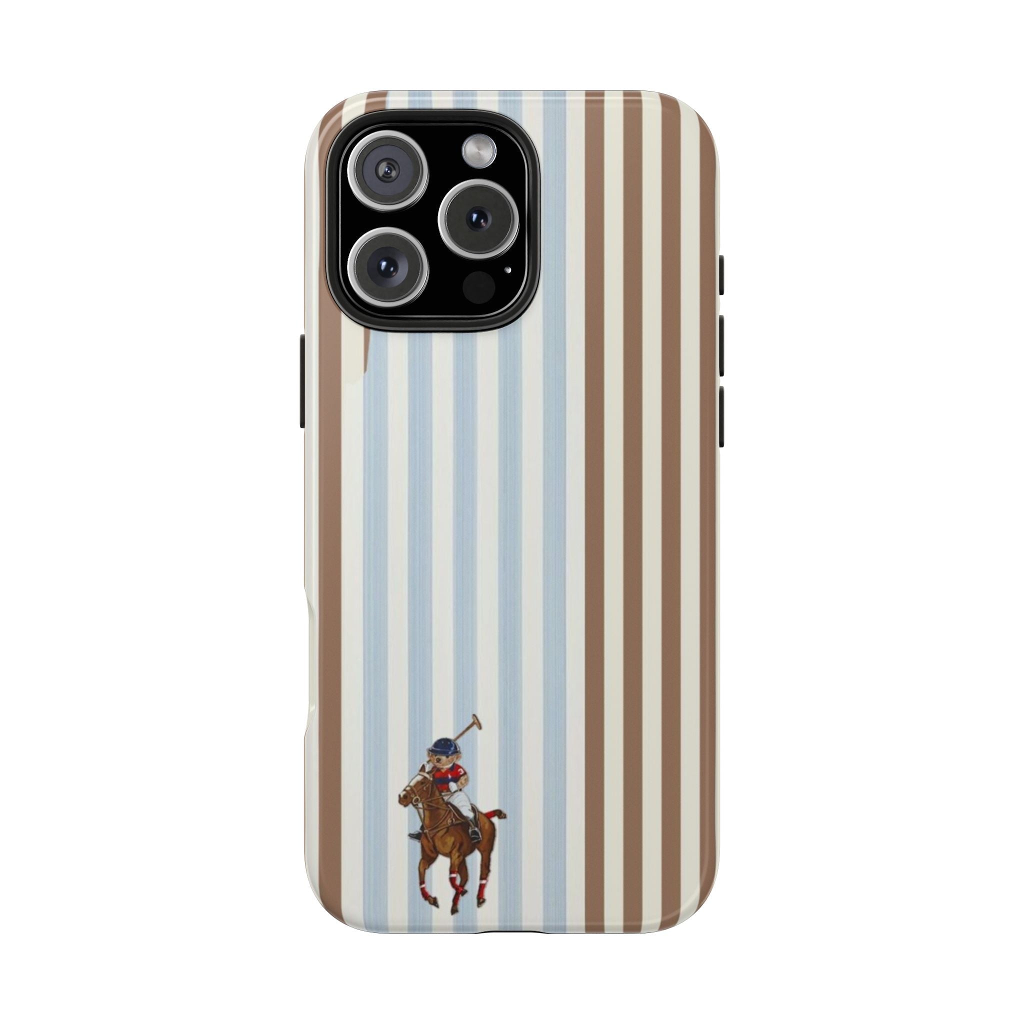 Brown/blue vertical striped phone case with horse rider graphic; back camera module