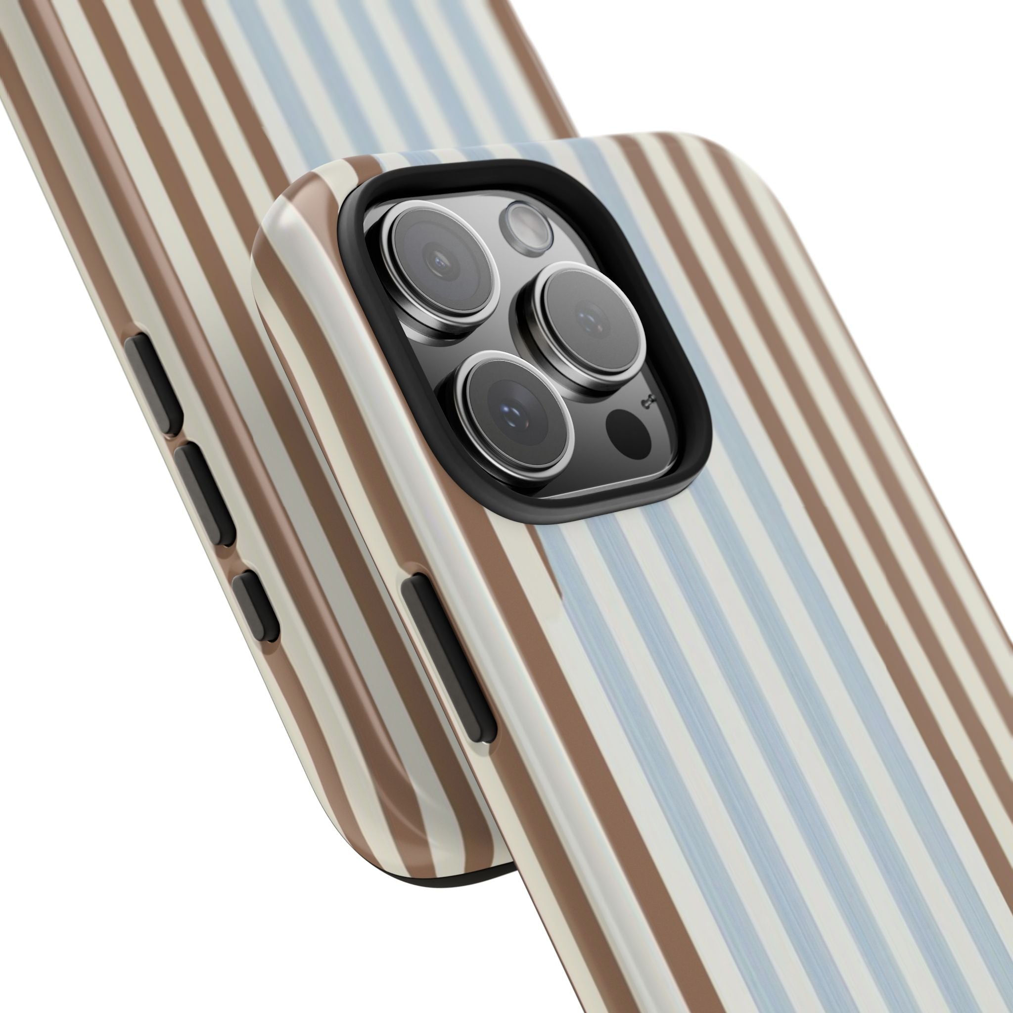 Close-up brown/blue vertical striped phone case with camera lenses and raised edges