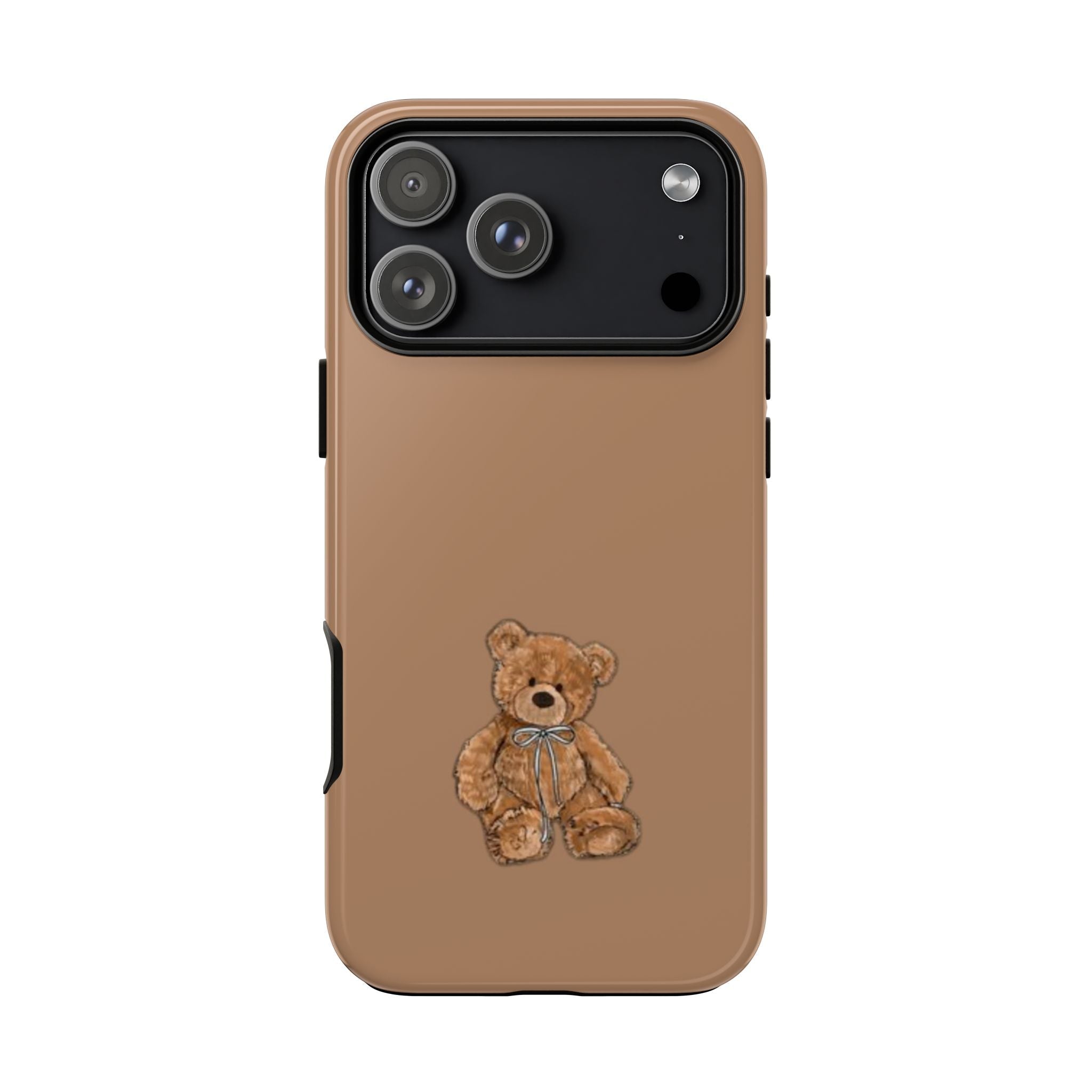 Brown phone case with cute teddy bear holding bow, centered on back