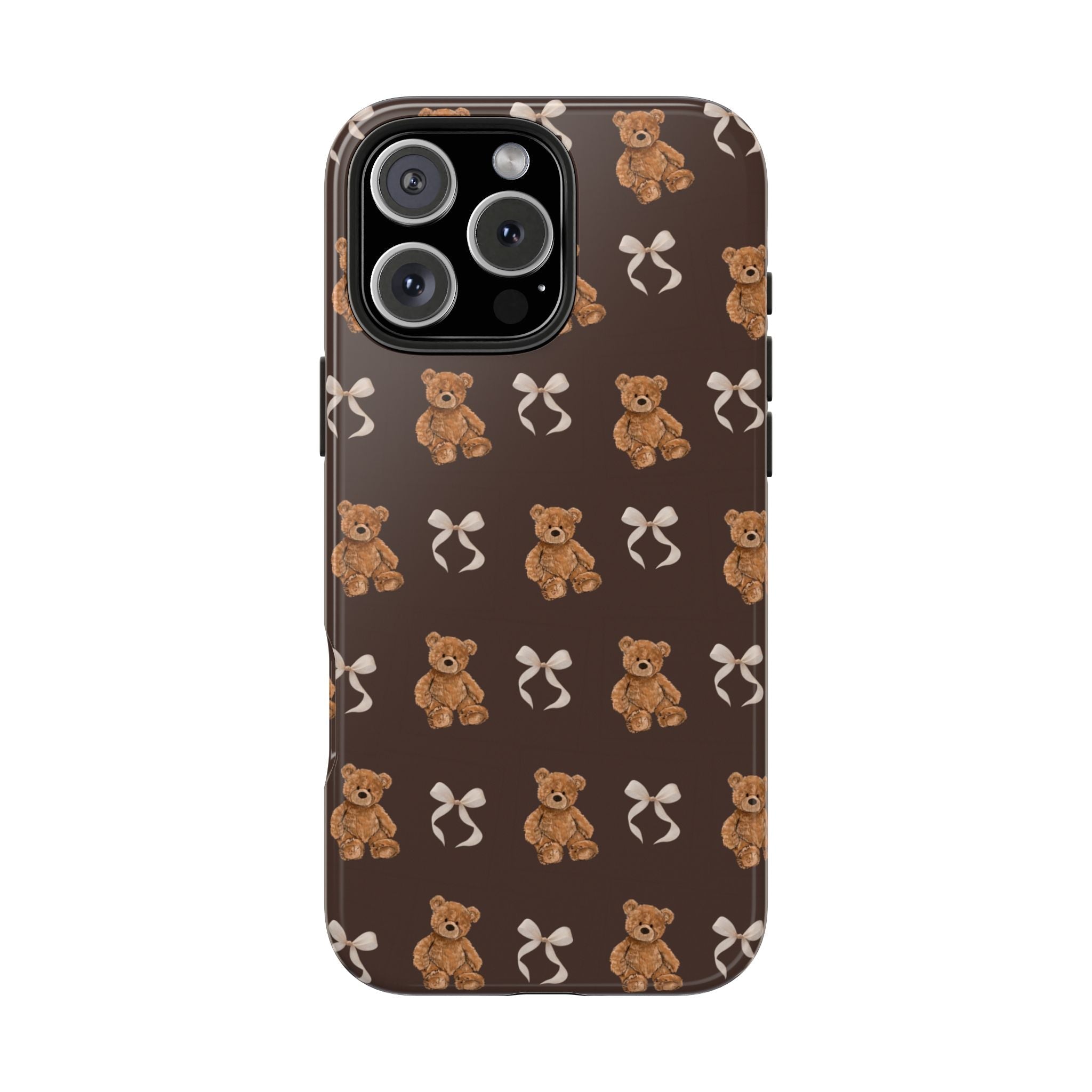 Brown teddy bear and white bow phone case, camera cutout at top left