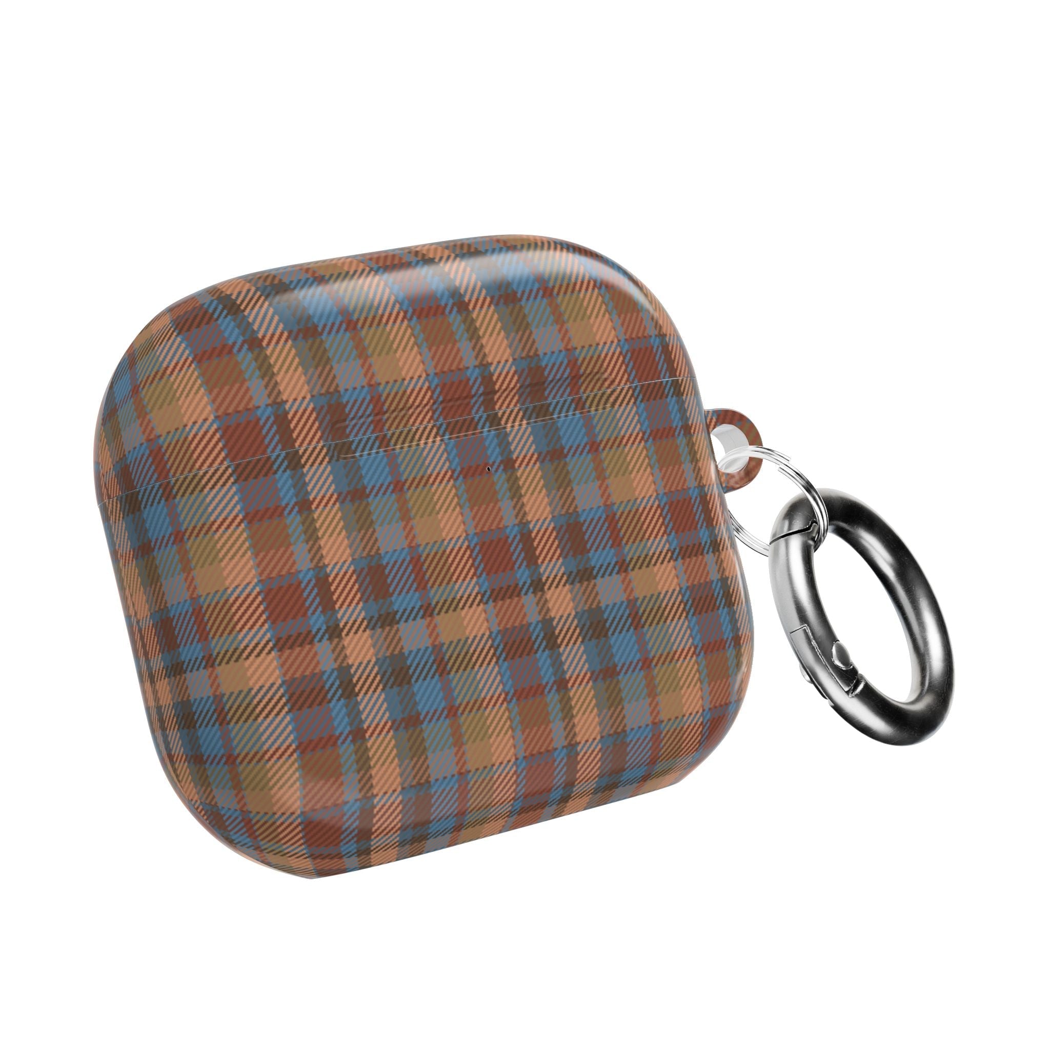 Brown tan & blue plaid AirPods case with metal keyring clip on side
