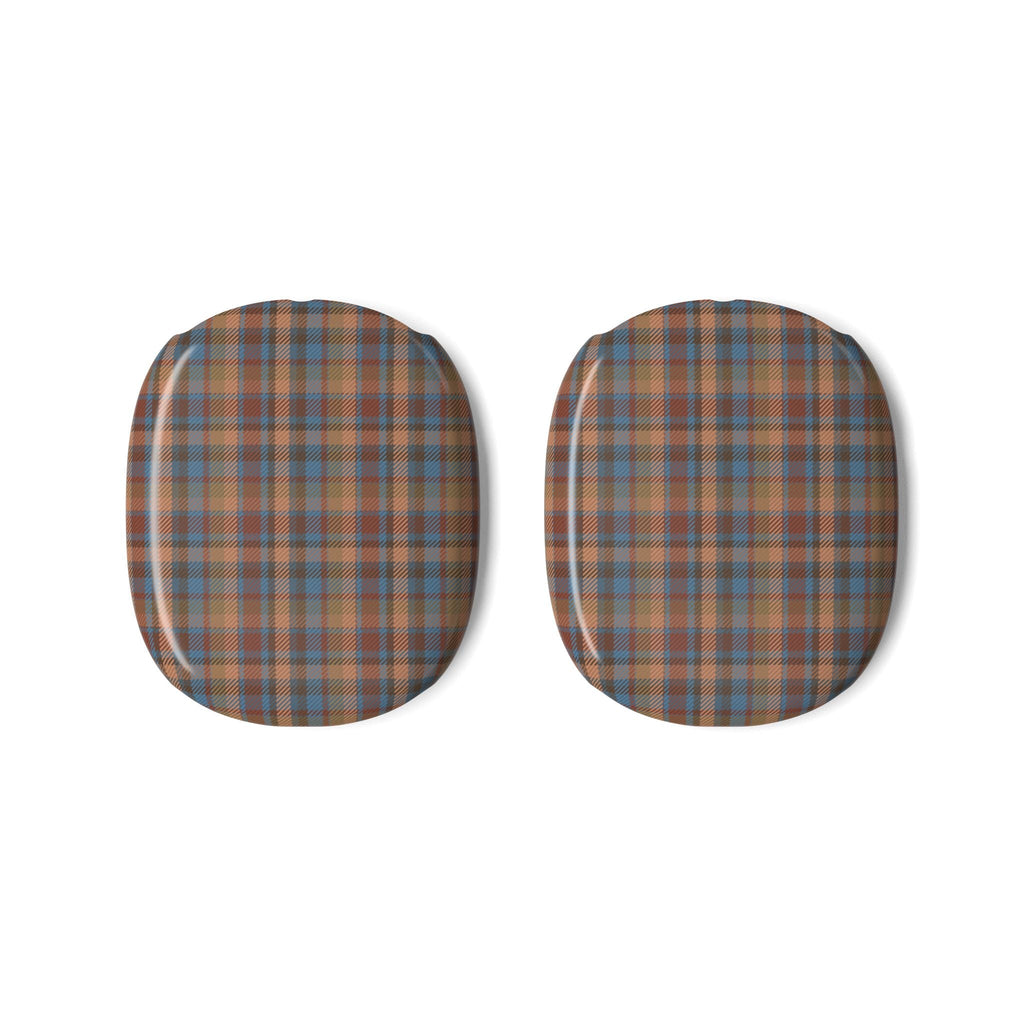 Two matching brown plaid AirPods Max ear cup covers with blue and orange check pattern