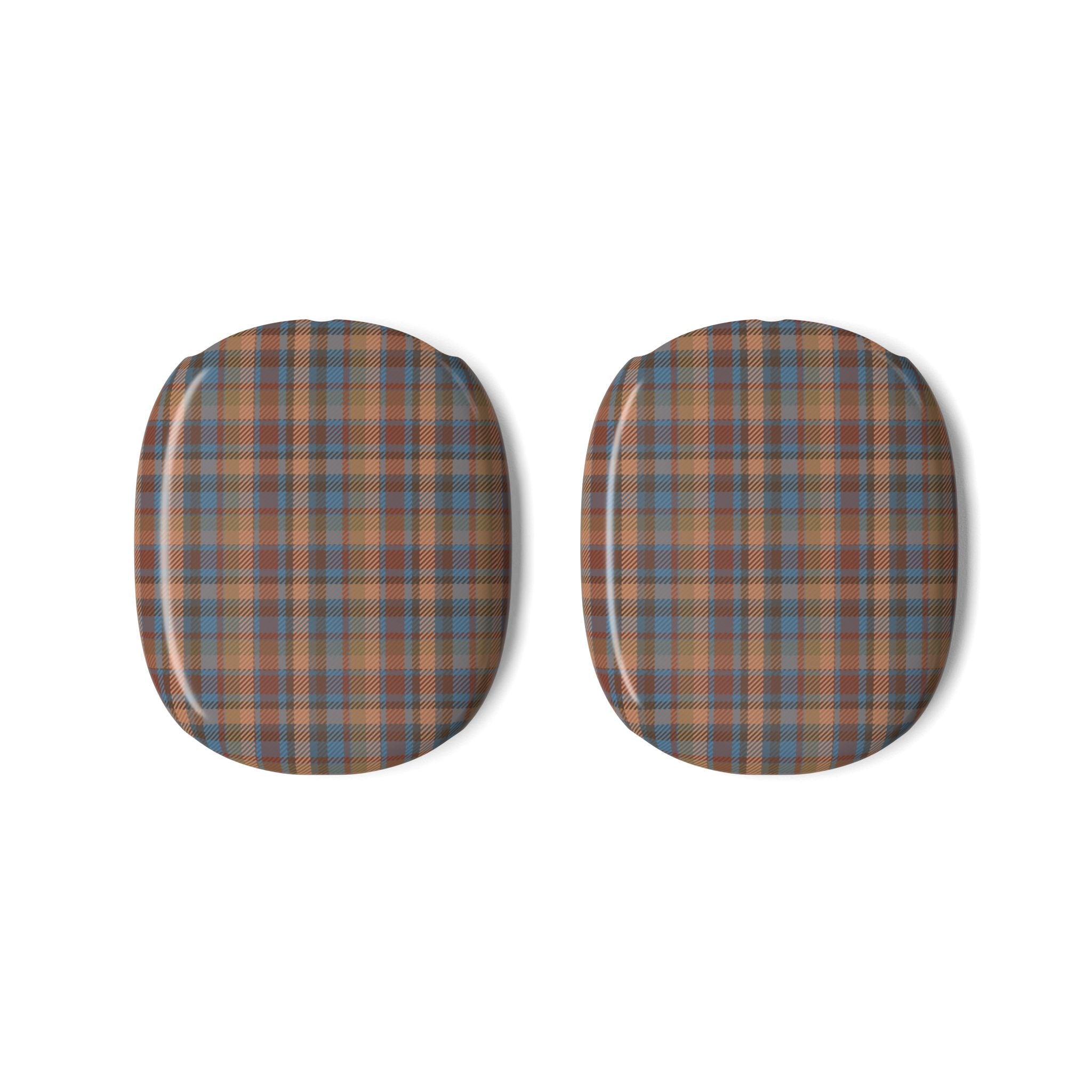Two matching brown plaid AirPods Max ear cup covers with blue and orange check pattern
