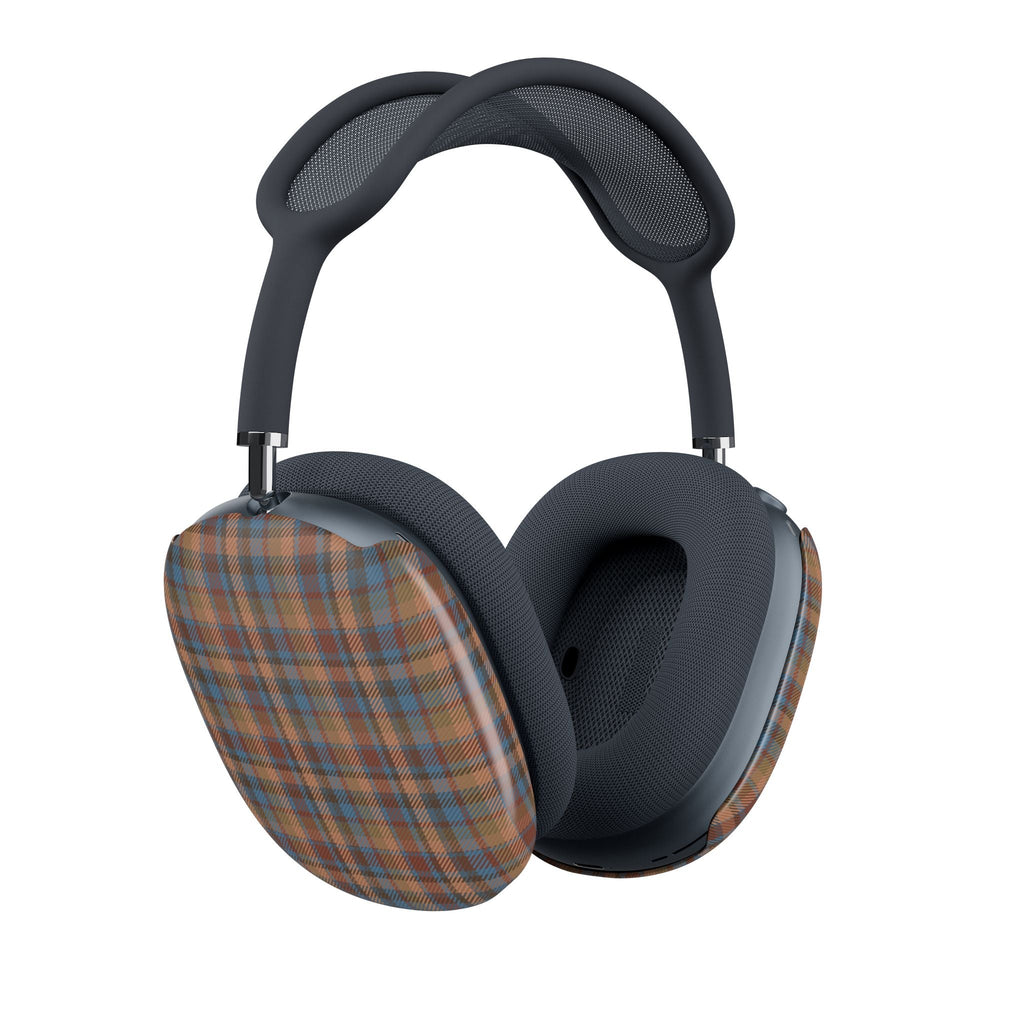 AirPods Max ear cup covers in brown plaid with blue and orange grid over textured cushions