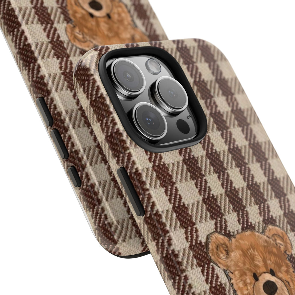Checkered plaid flannel phone case corner with camera cutout and teddy detail