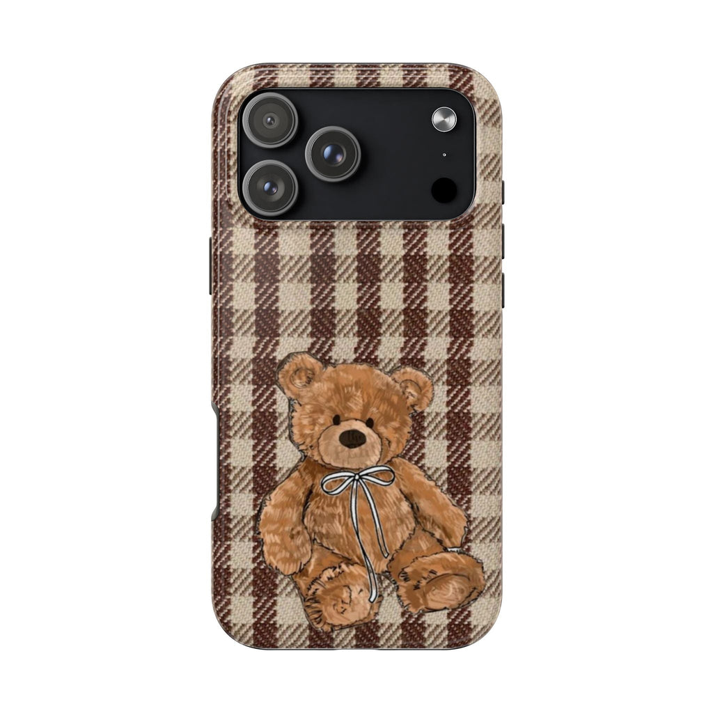 Brown and cream plaid flannel phone case with teddy bear holding a bow