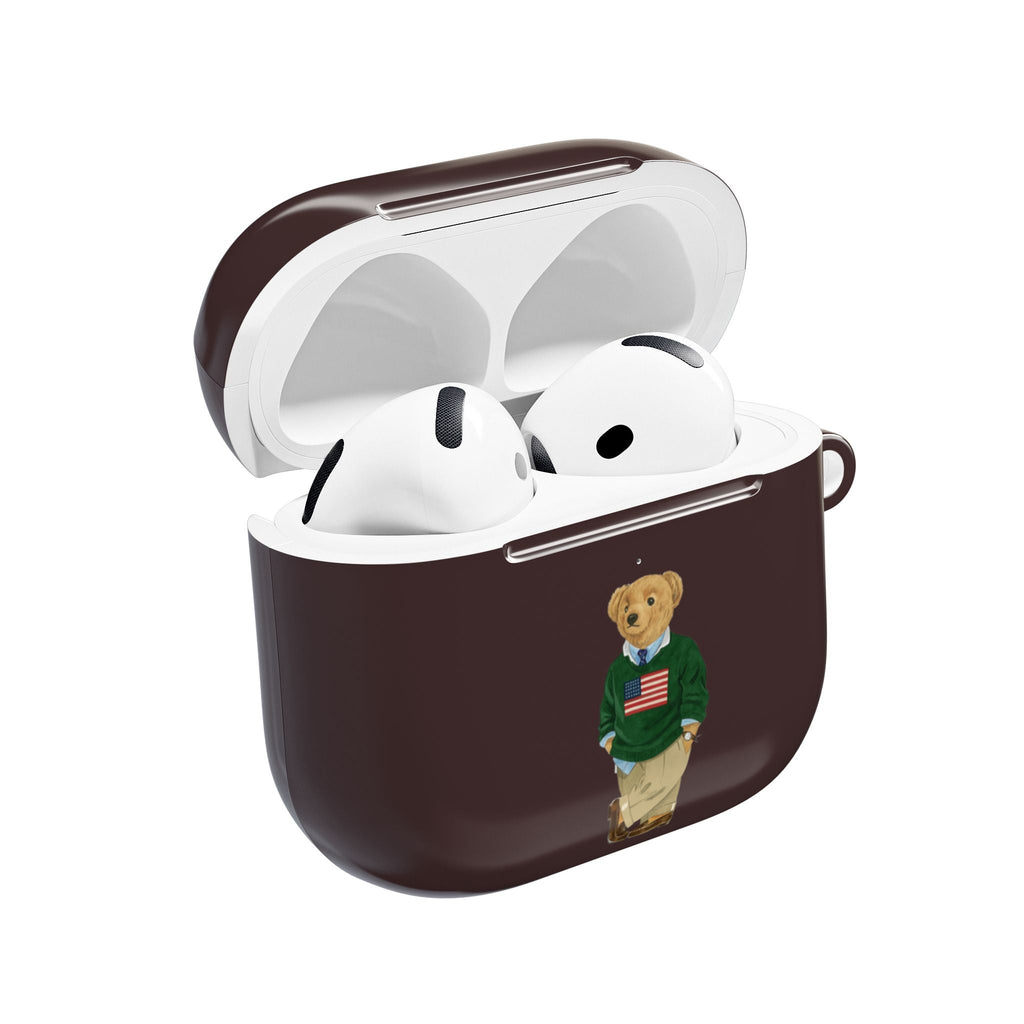Brown glossy AirPods case with teddy bear polo graphic and side keyring