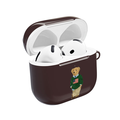 Brown glossy AirPods case with teddy bear polo graphic and side keyring