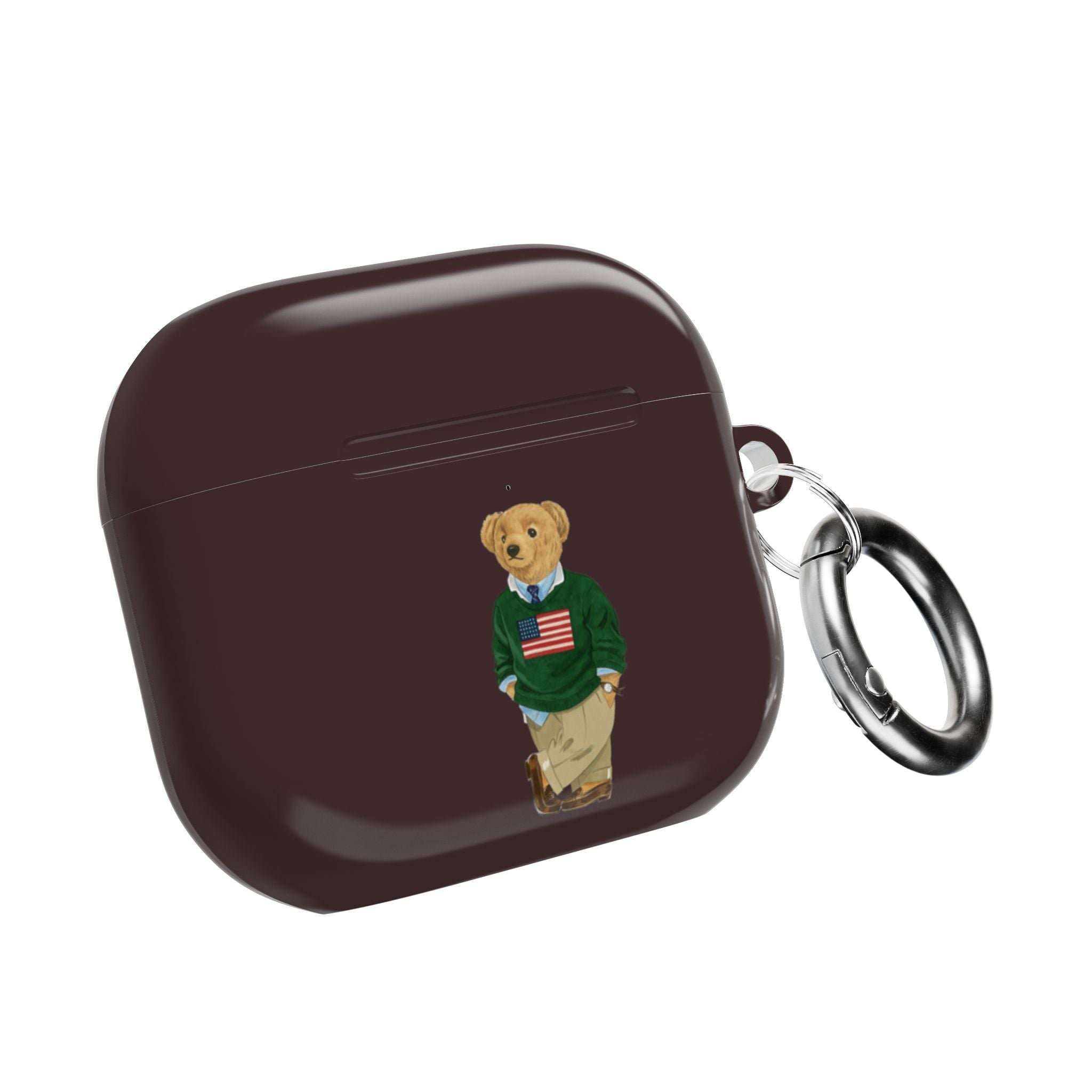 Brown glossy AirPods case with teddy bear polo graphic and metal keyring loop