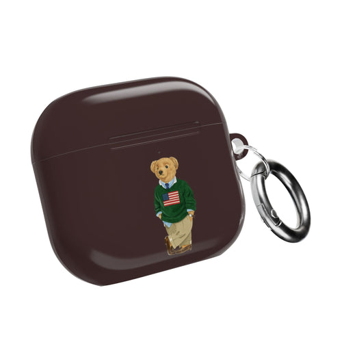 Brown glossy AirPods case with teddy bear polo graphic and metal keyring loop
