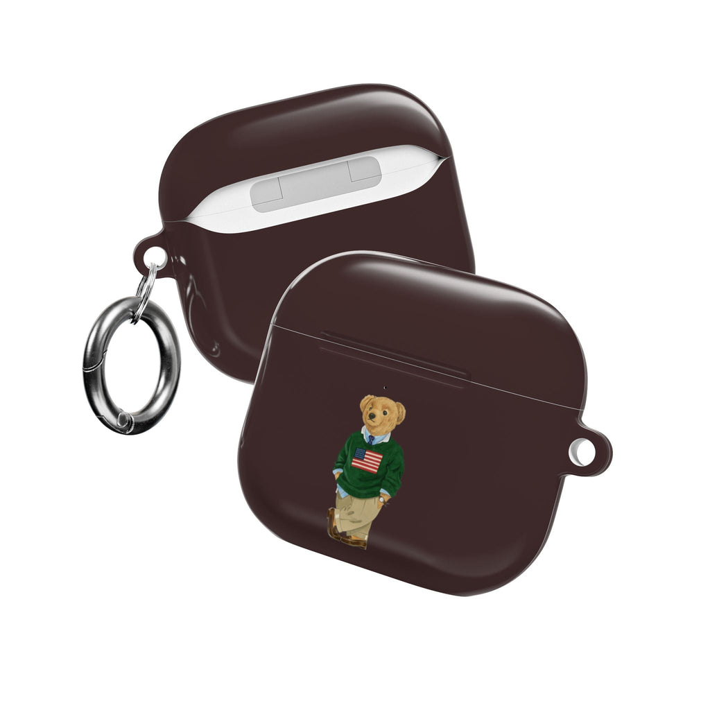 Brown AirPods case with teddy bear polo graphic and metal carabiner keyring