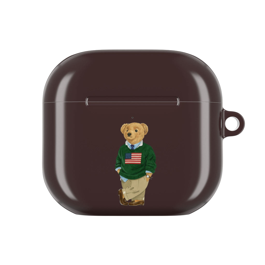 Brown glossy AirPods case with teddy bear polo graphic on front