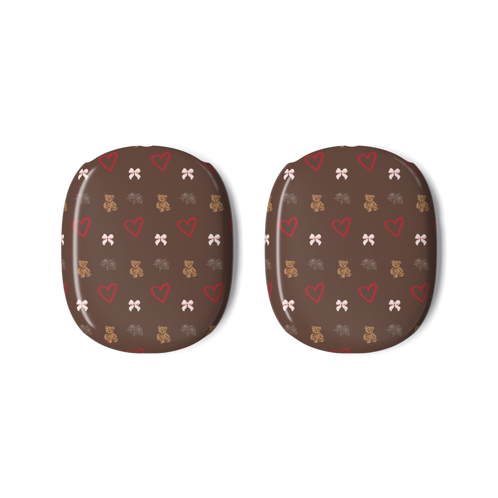 Two brown AirPods Max case covers with red hearts, bows, and teddy bears pattern