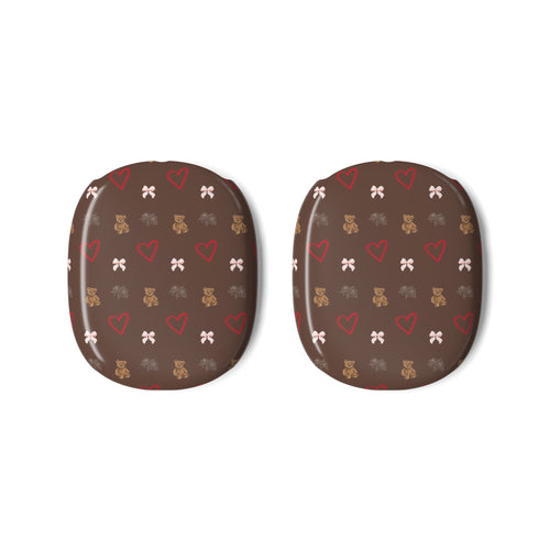 Two brown AirPods Max case covers with red hearts, bows, and teddy bears pattern
