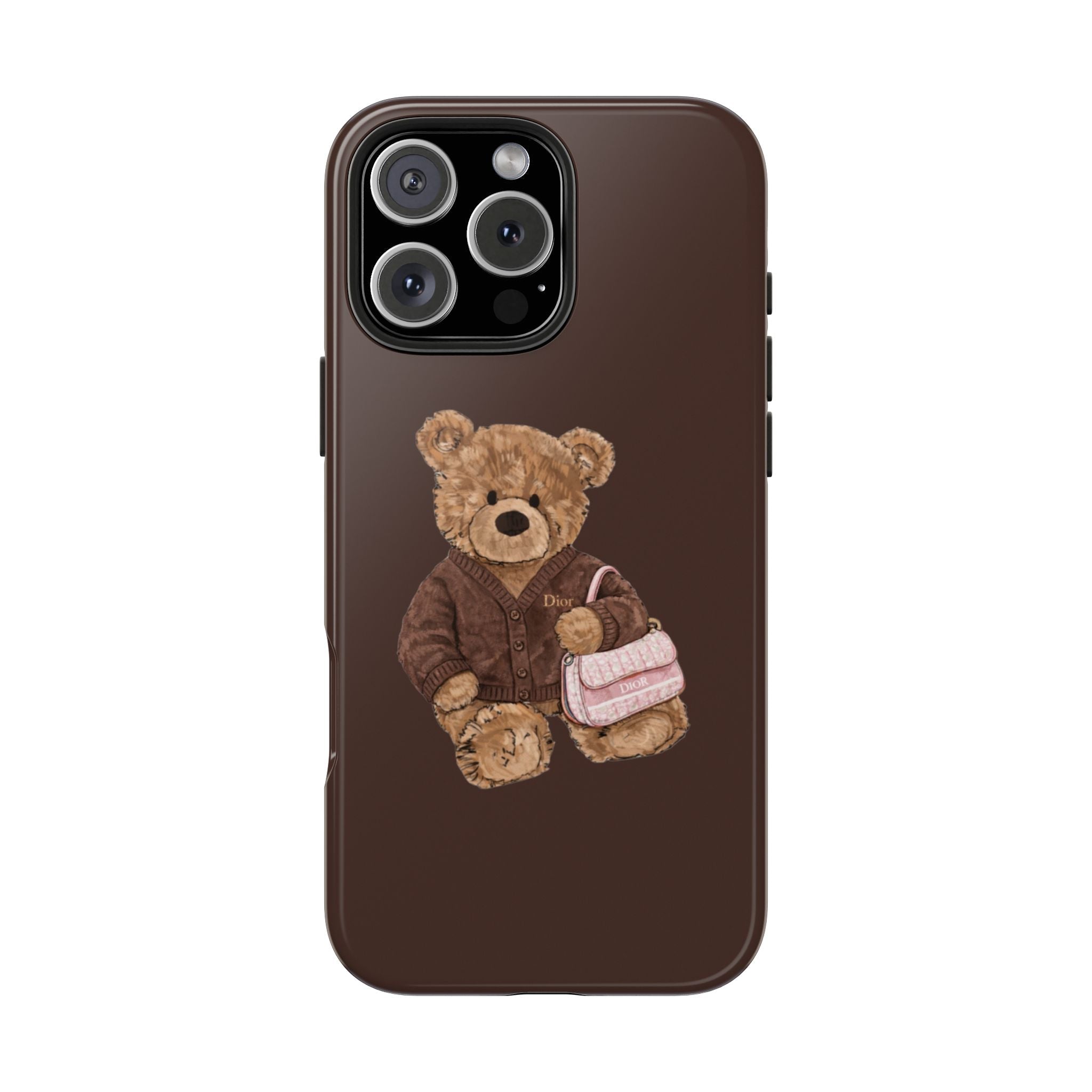 Brown Dior teddy bear phone case with triple camera cutout and teddy graphic